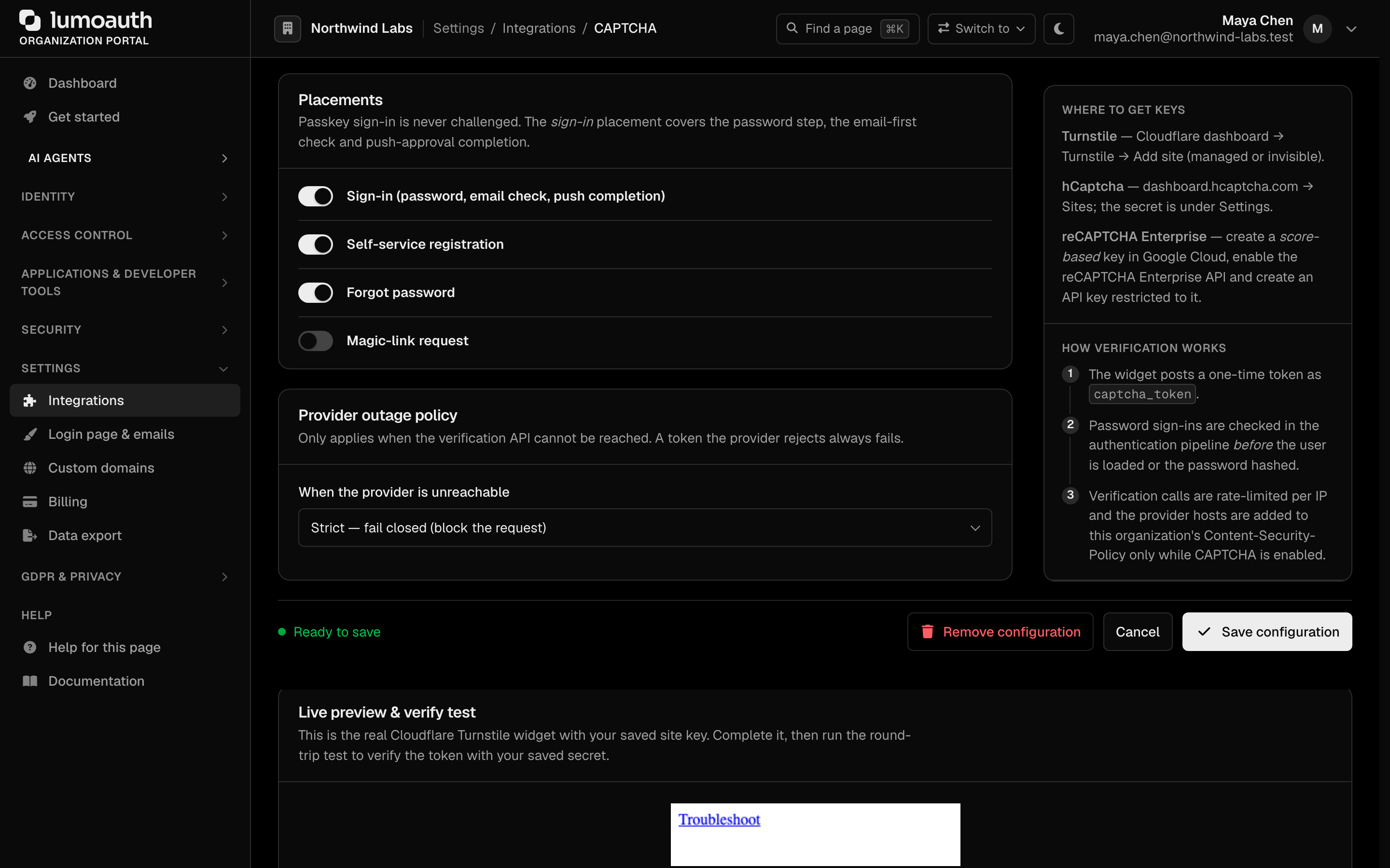 The Placements switches and the provider outage policy on the CAPTCHA page