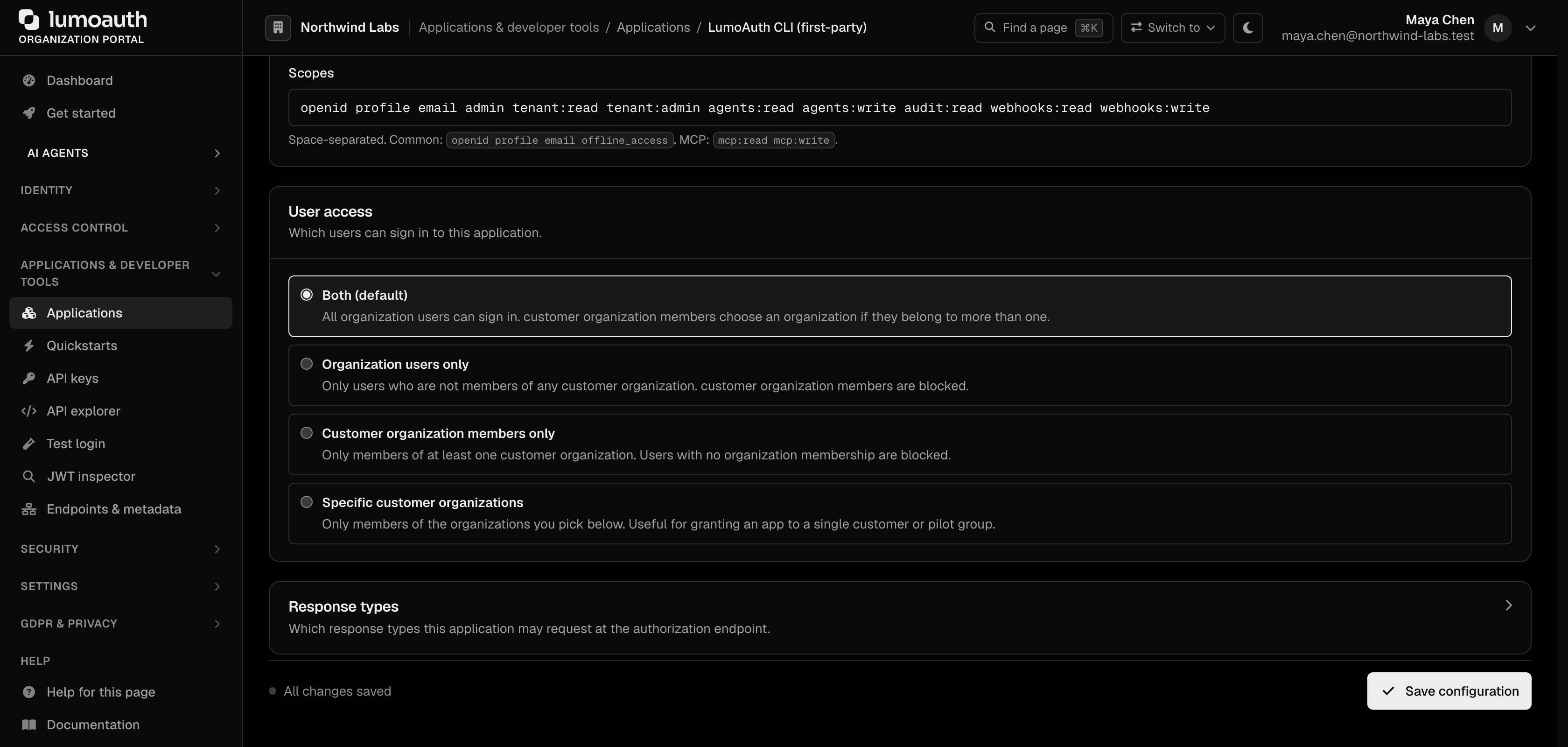 The Allowed scopes section on the Configuration tab of the LumoAuth CLI application