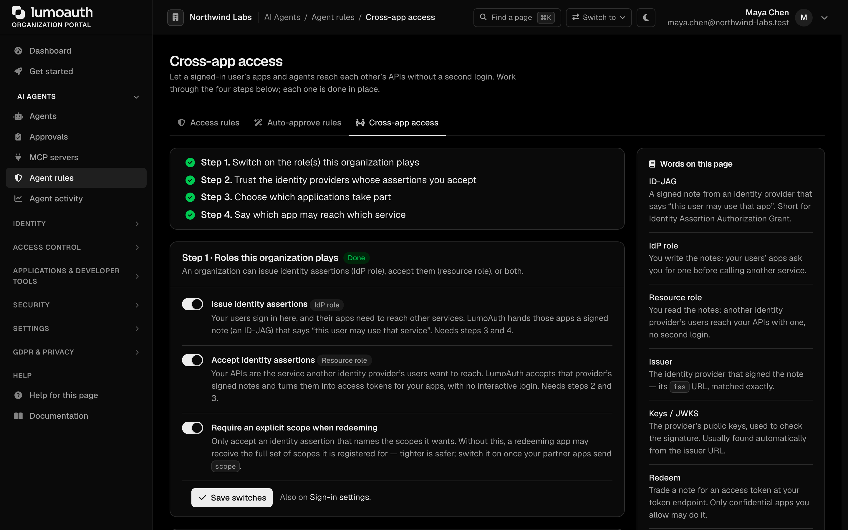 The Cross-app access page with its four-step checklist