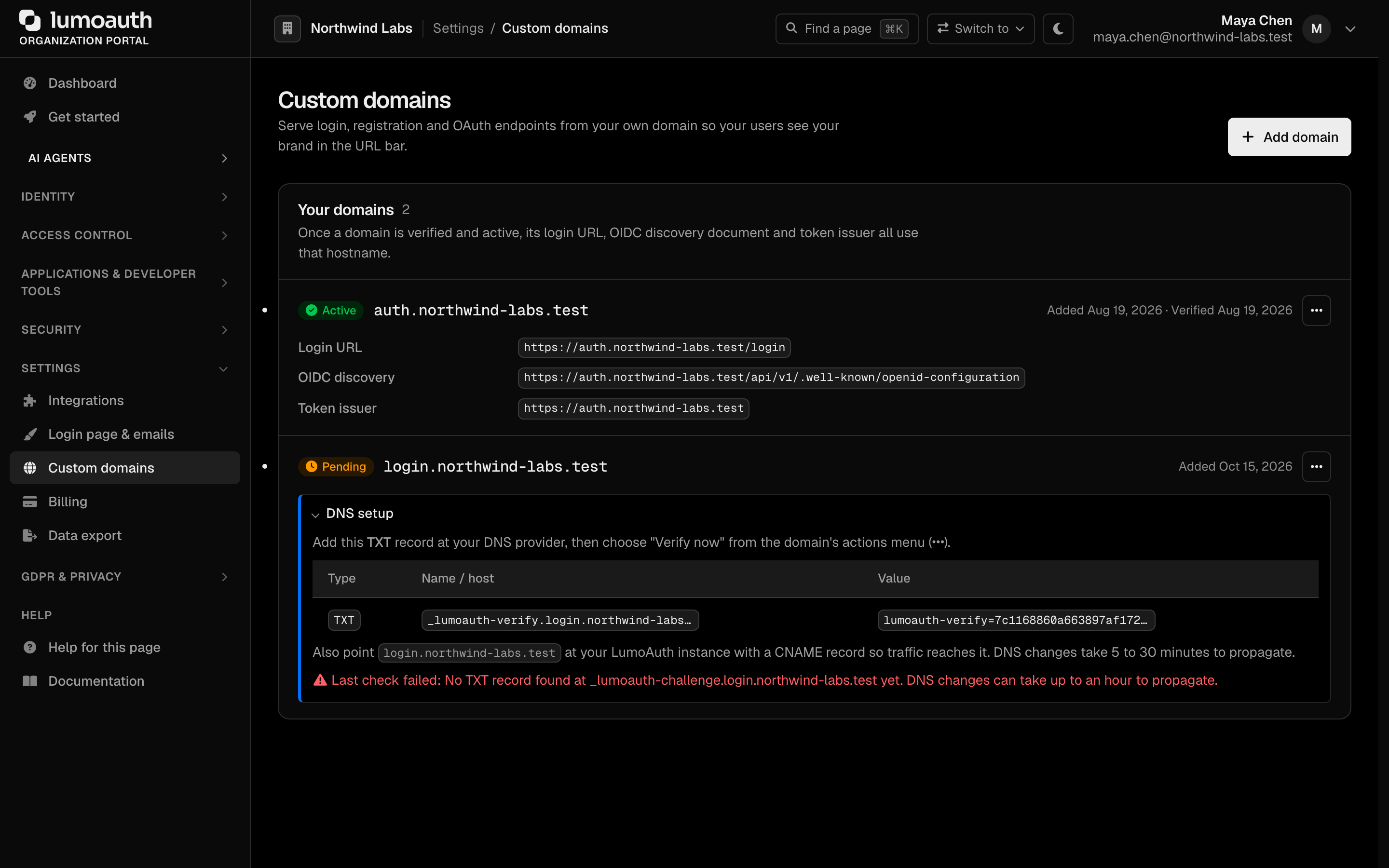 The Custom domains page with the Add domain button