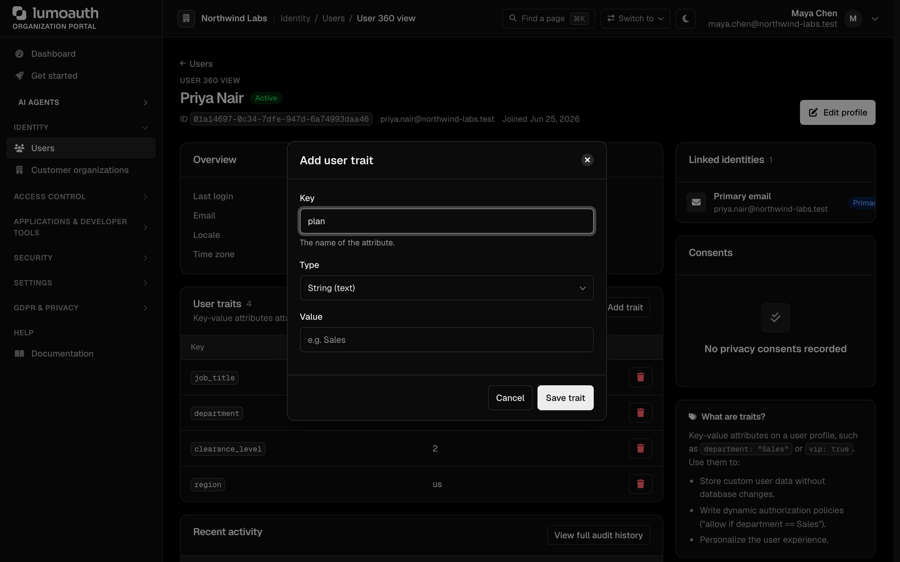 The Add user trait dialog with the Key, Type and Value fields