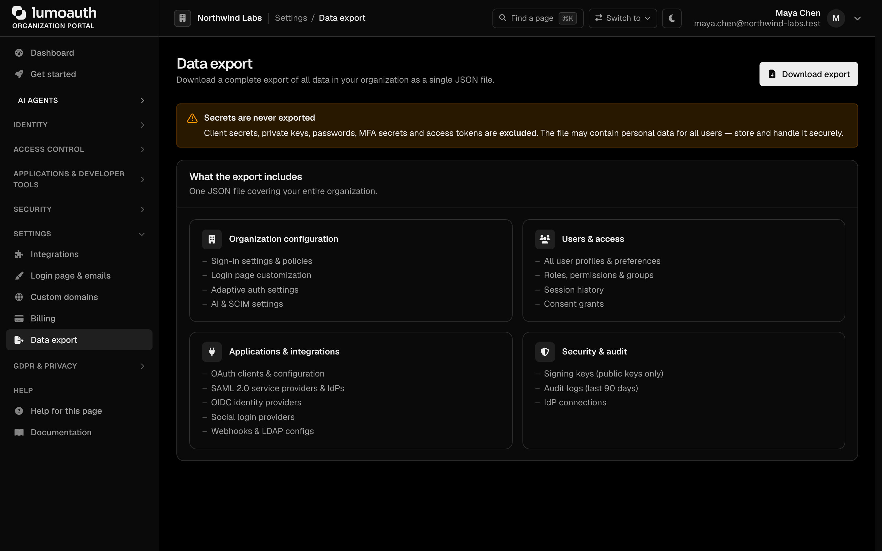 The Data export page with the Download export button and the list of what the export includes