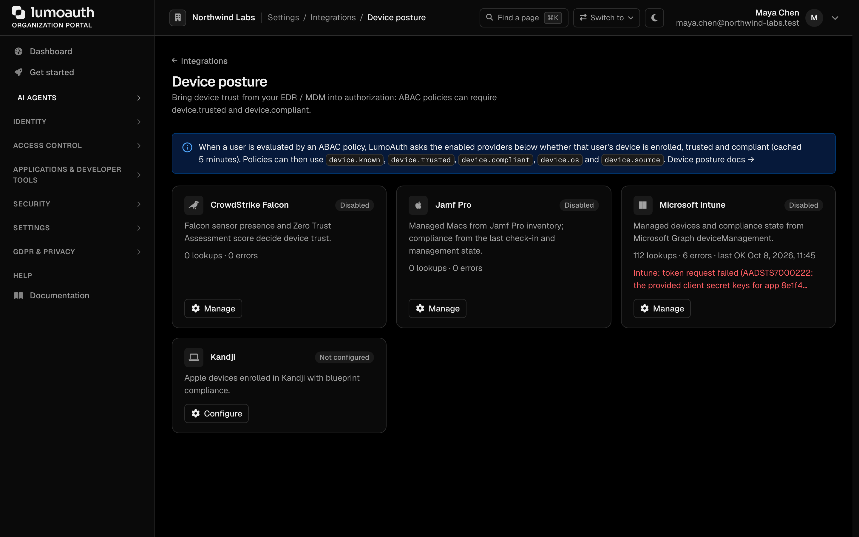 The Device posture page with the CrowdStrike Falcon, Jamf Pro, Microsoft Intune and Kandji cards