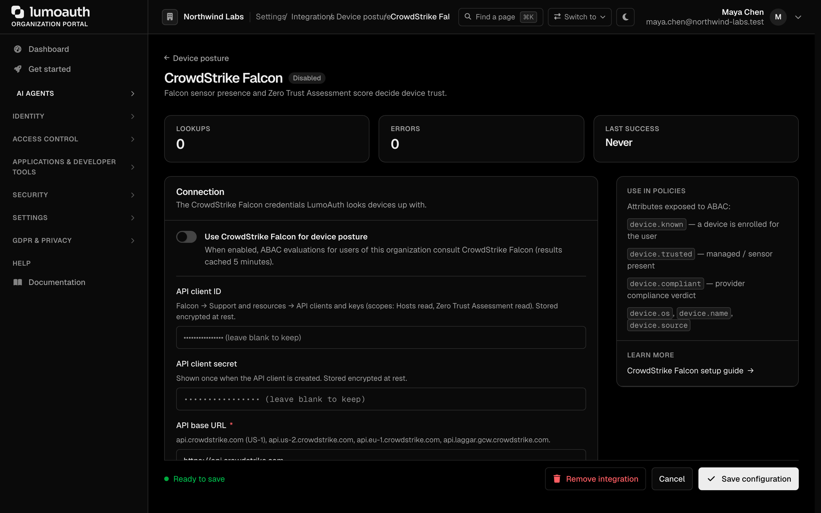 The CrowdStrike Falcon configure page with the enable switch, API client credentials and base URL