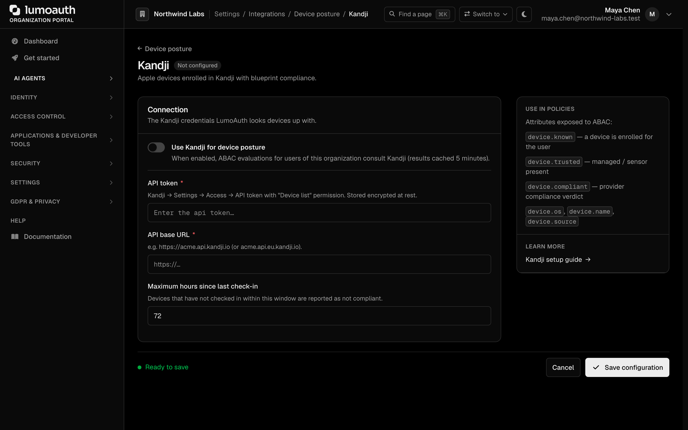 The Kandji configure page with the API token, API base URL and maximum hours since last check-in