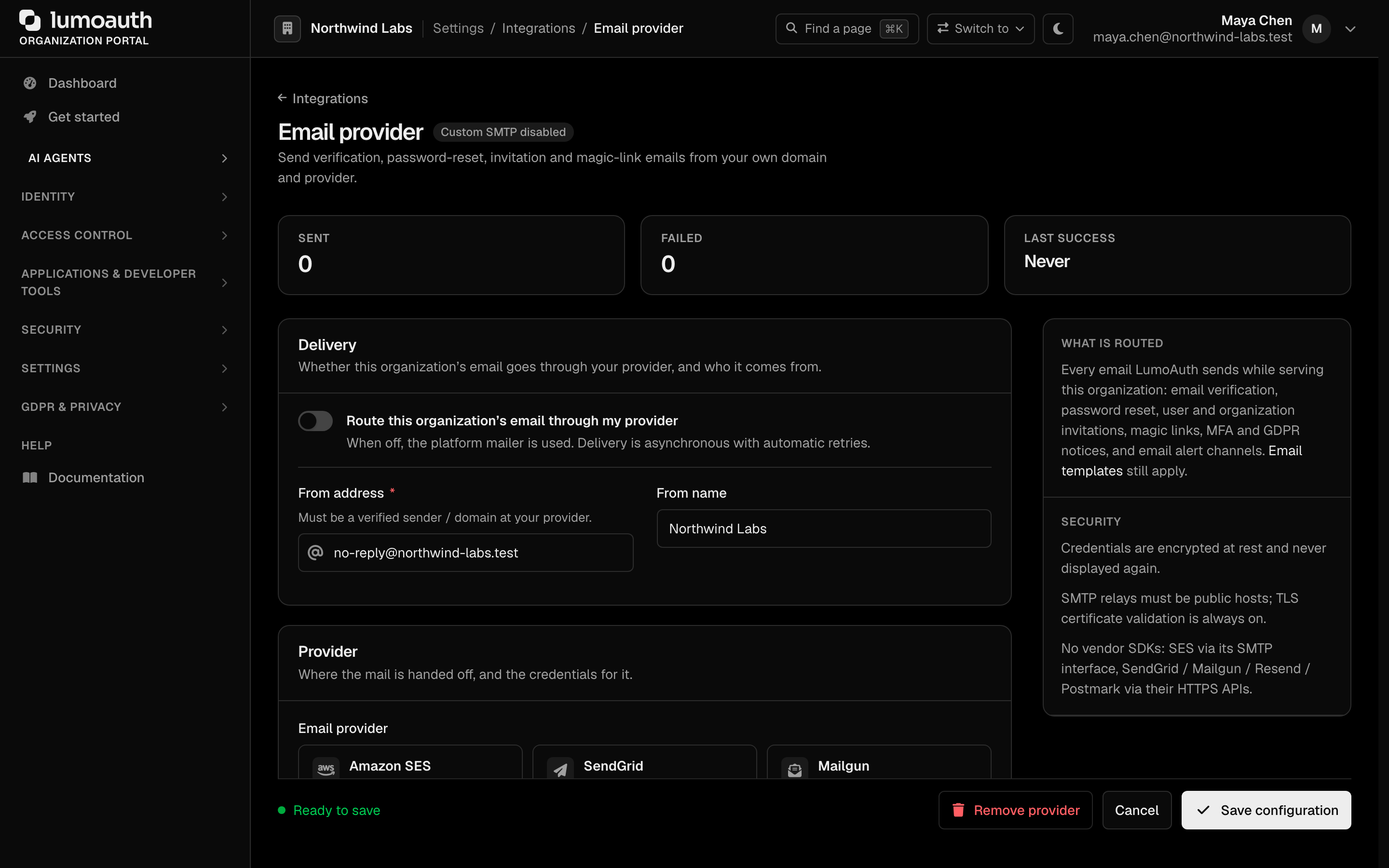 The Email provider page with the routing switch, From address and From name