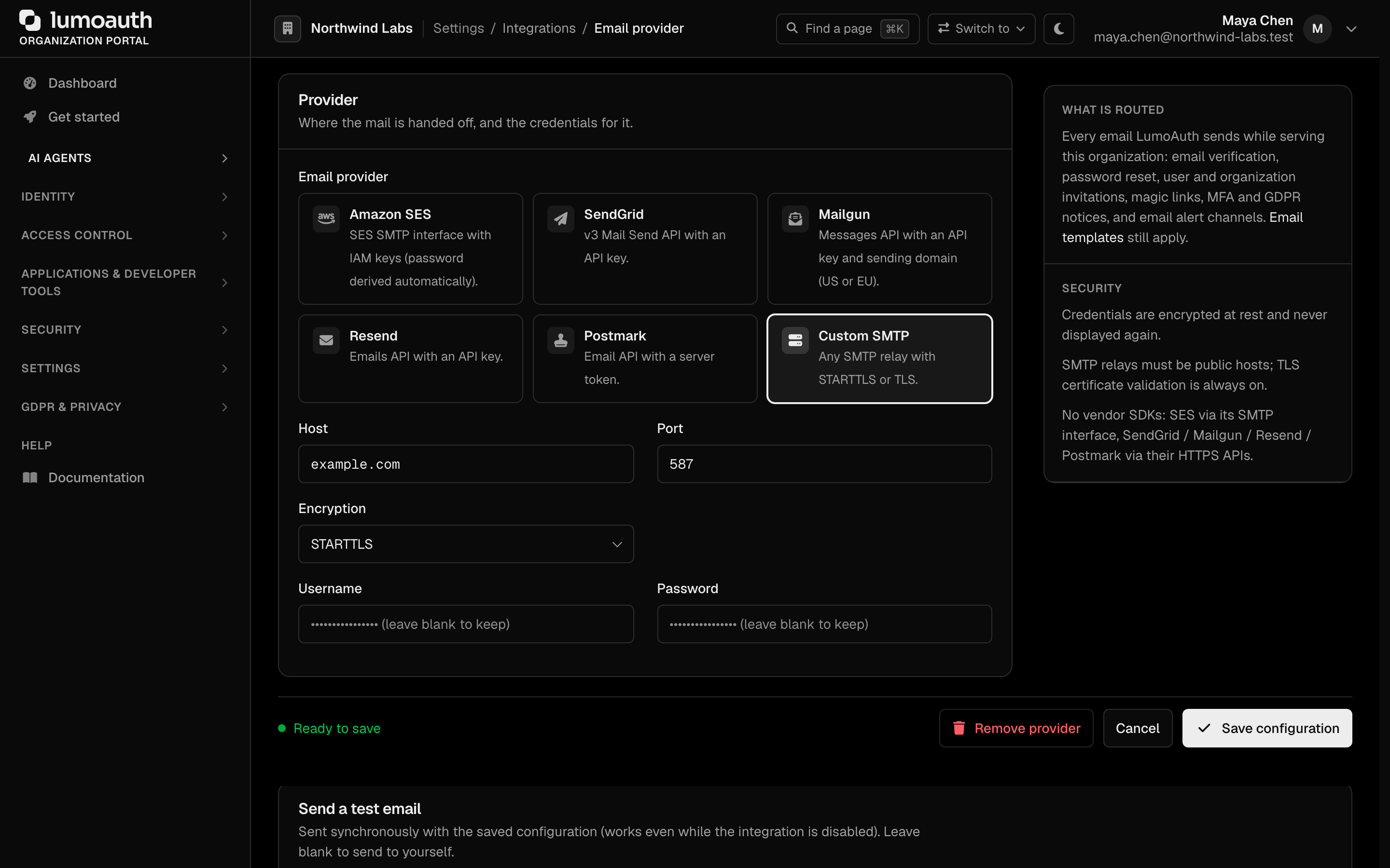 The Email provider choices with the Custom SMTP host, port and encryption fields
