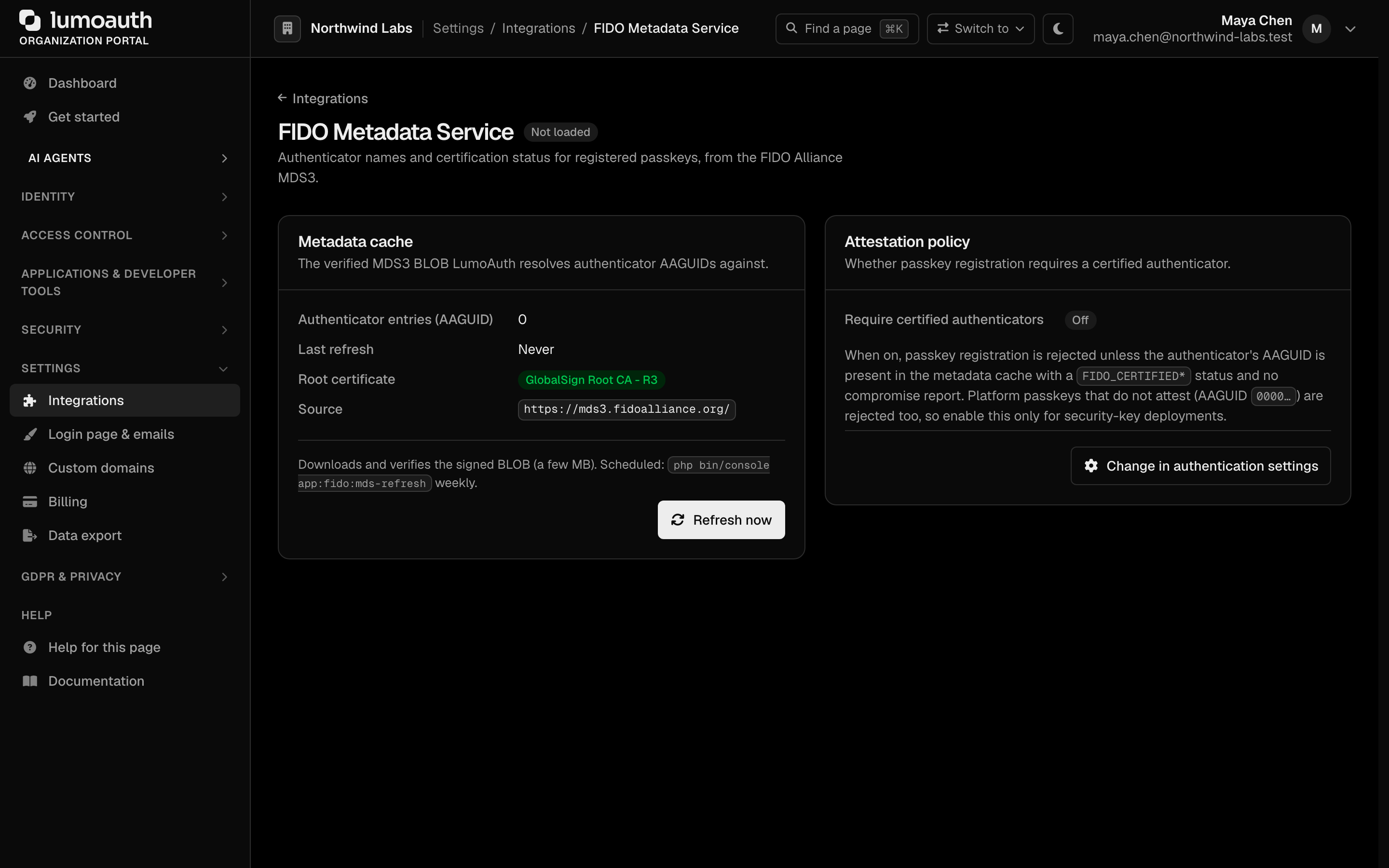 The FIDO Metadata Service page with the metadata cache card, the Refresh now button and the attestation policy card
