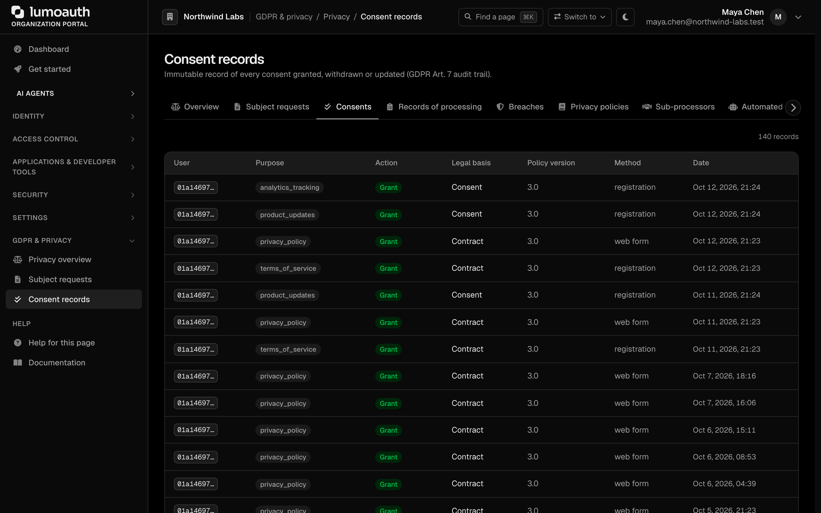 The Consent records page listing each consent with its purpose, action, legal basis, method and date