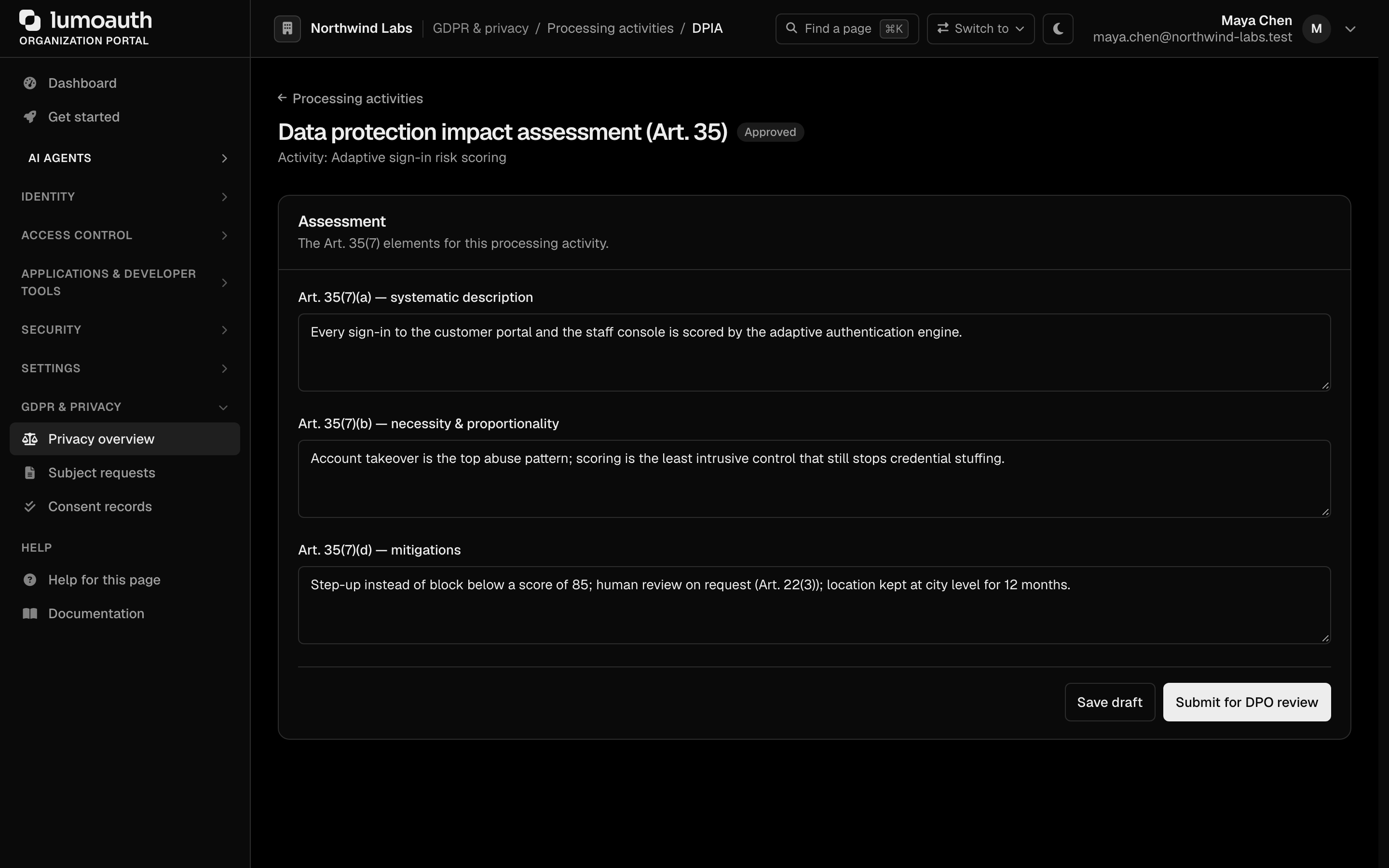 The Data protection impact assessment page of a processing activity