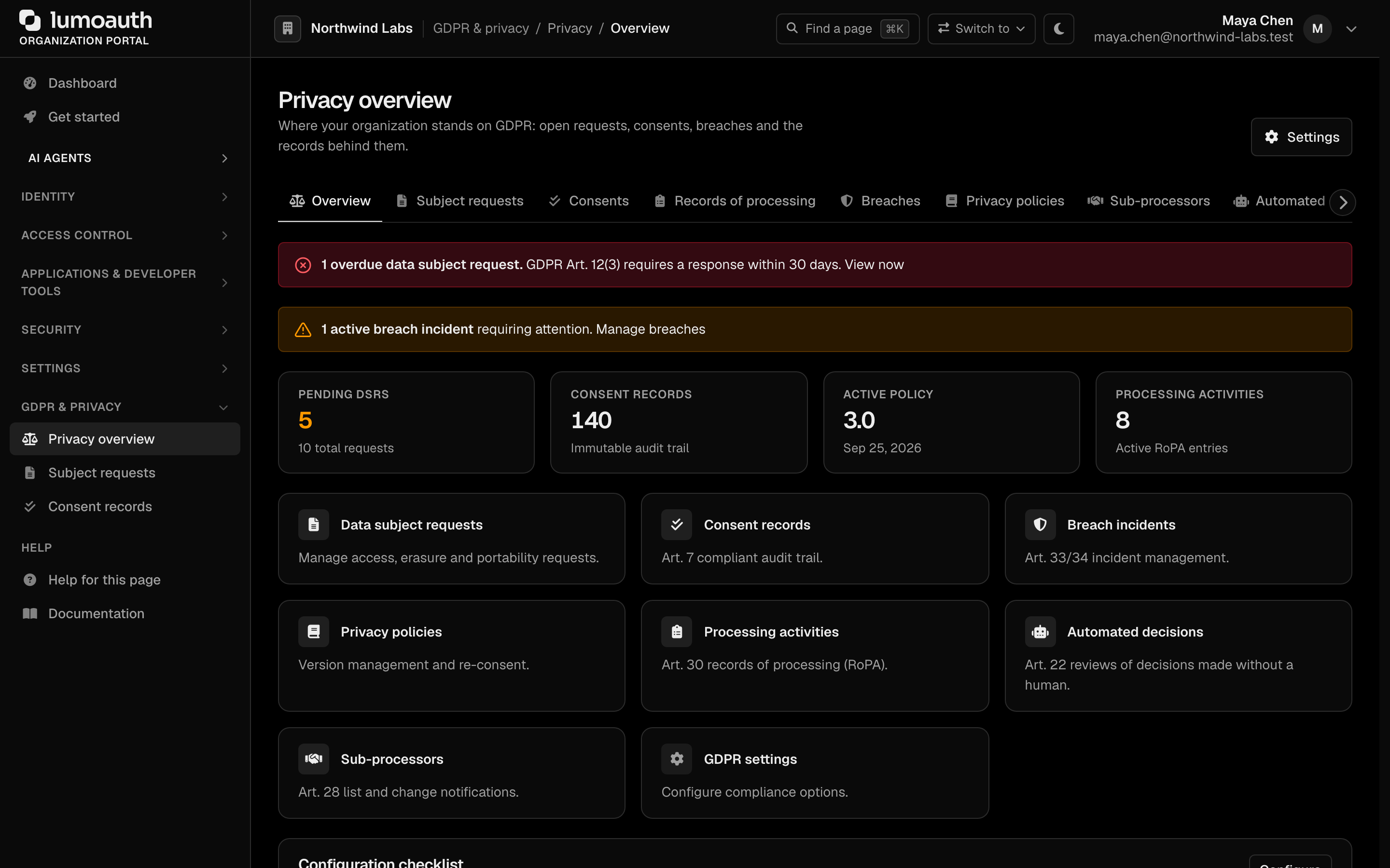 Privacy overview with its counters, privacy tabs and shortcut cards