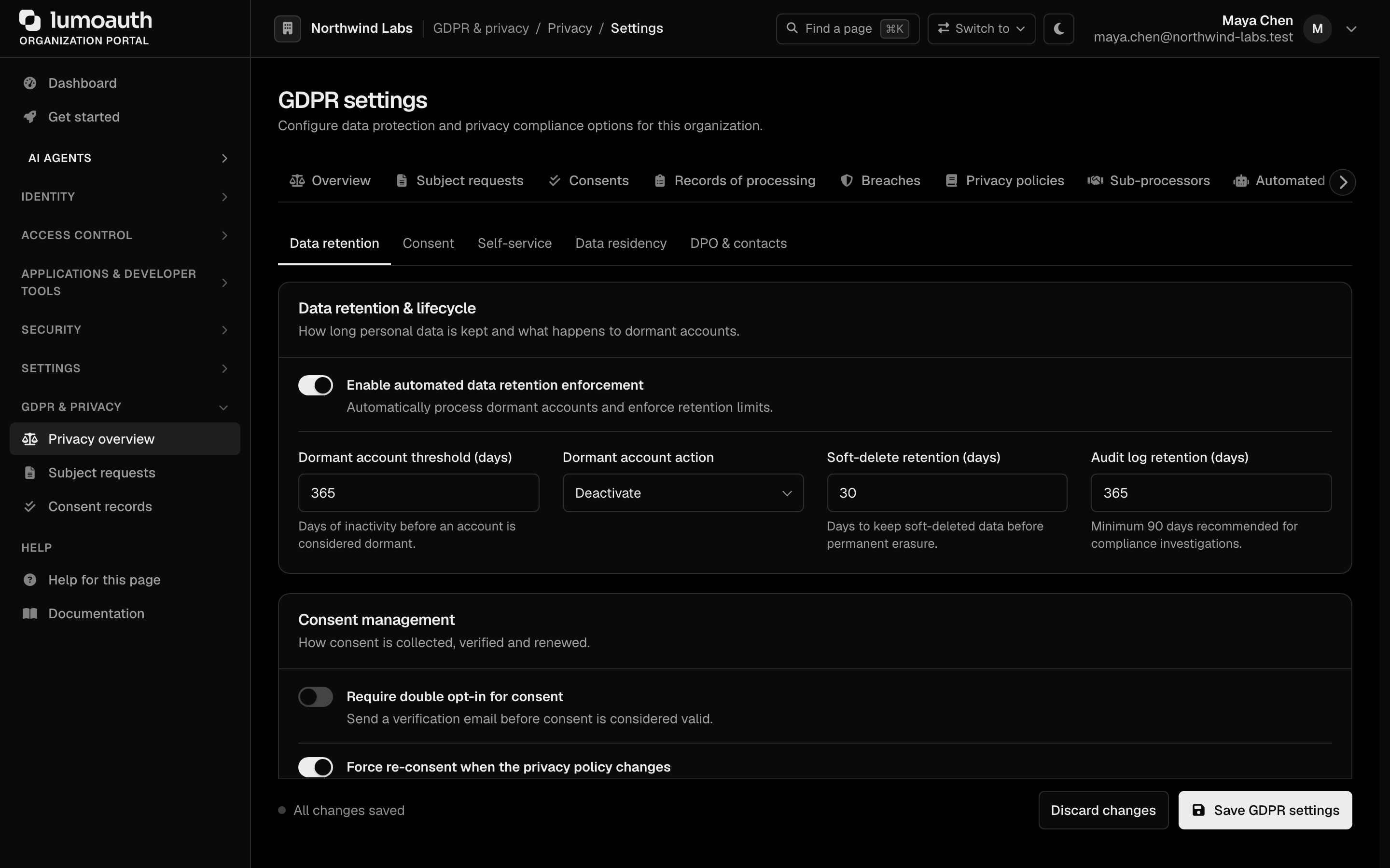 The Data retention section of GDPR settings with the Audit log retention field