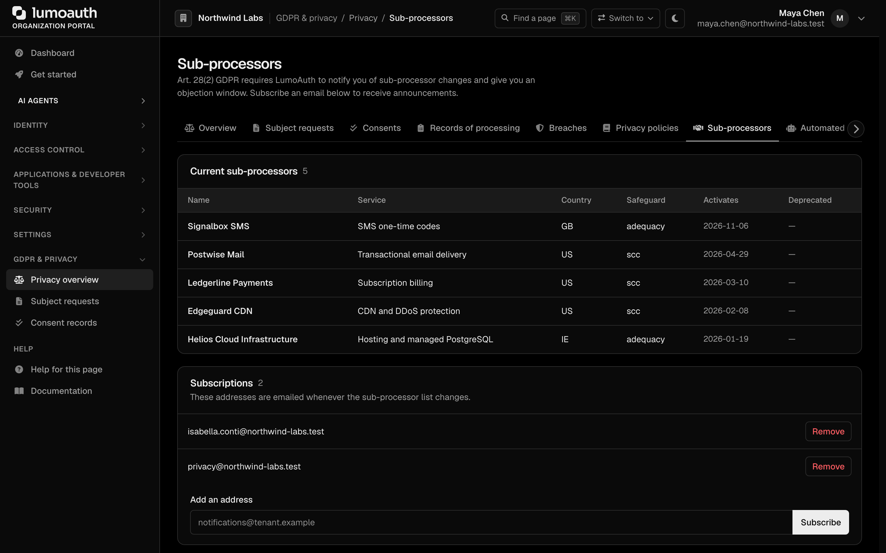 The Sub-processors page of the portal with the current list and the Subscriptions form
