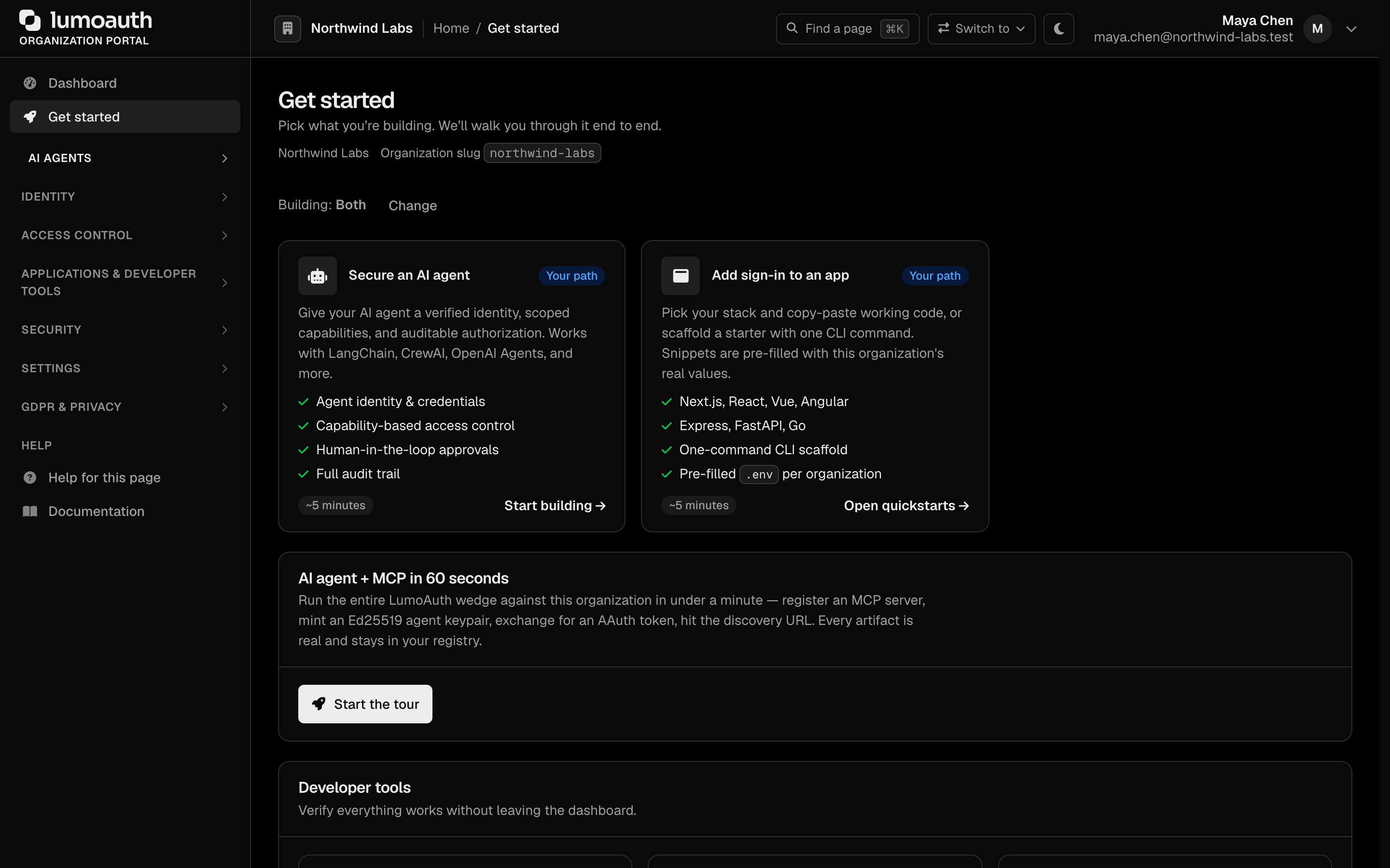 The Get started page: What are you building?, the Secure an AI agent and Add sign-in to an app paths and the 60-second MCP tour
