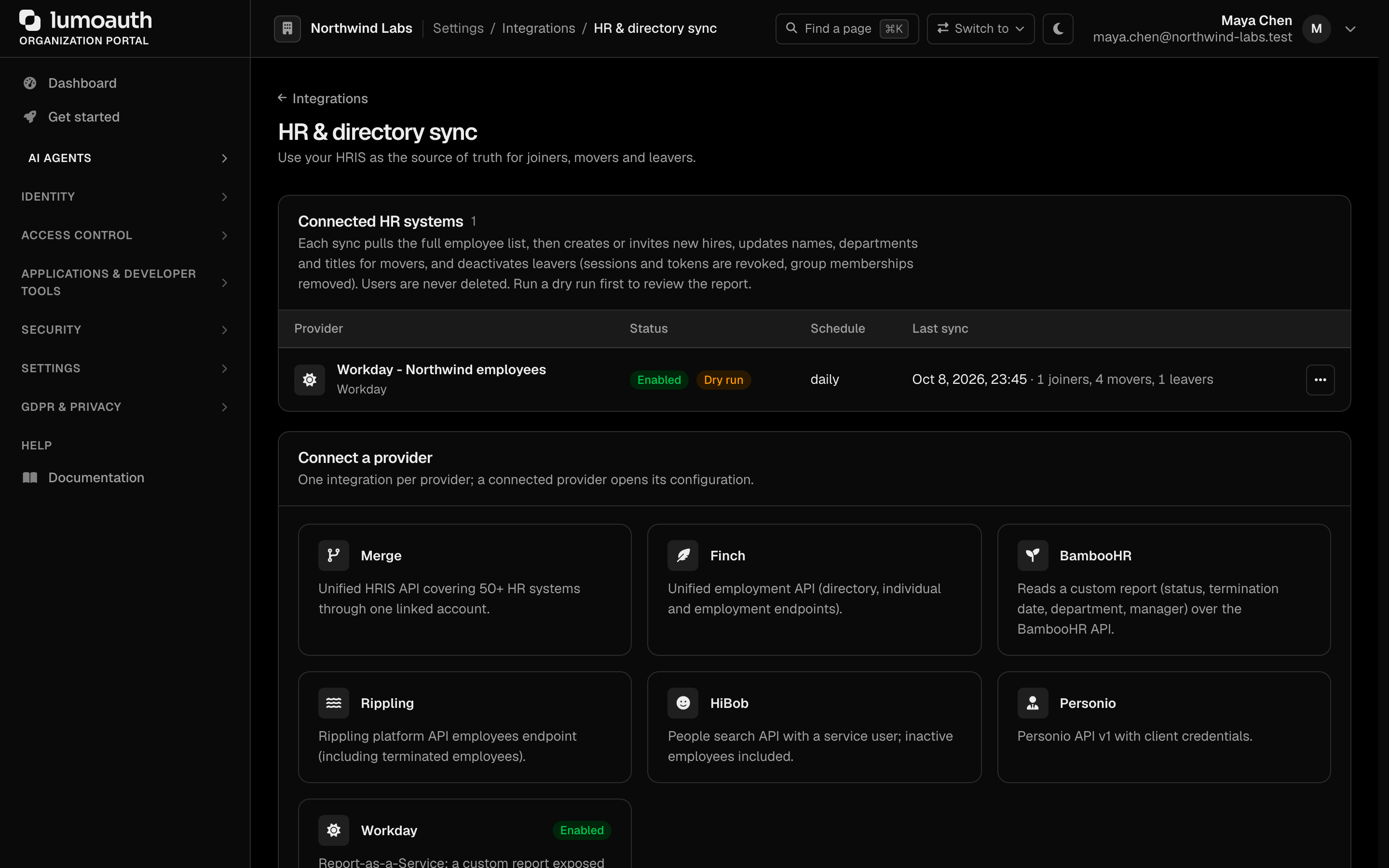 The HR & directory sync page with the connected HR systems list and the Connect a provider cards
