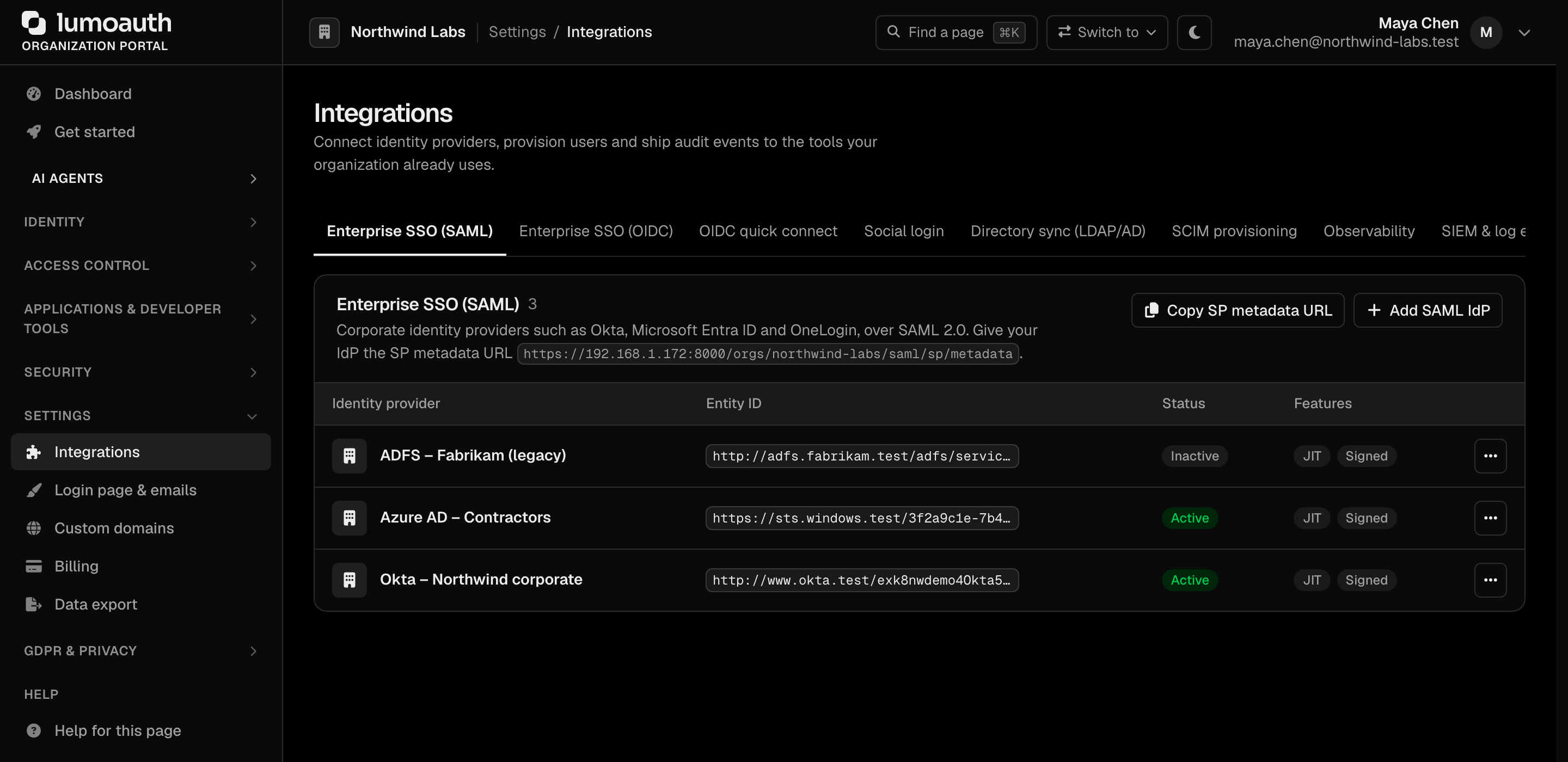 The Integrations page with its row of section tabs and the Enterprise SSO (SAML) section listing a connected identity provider