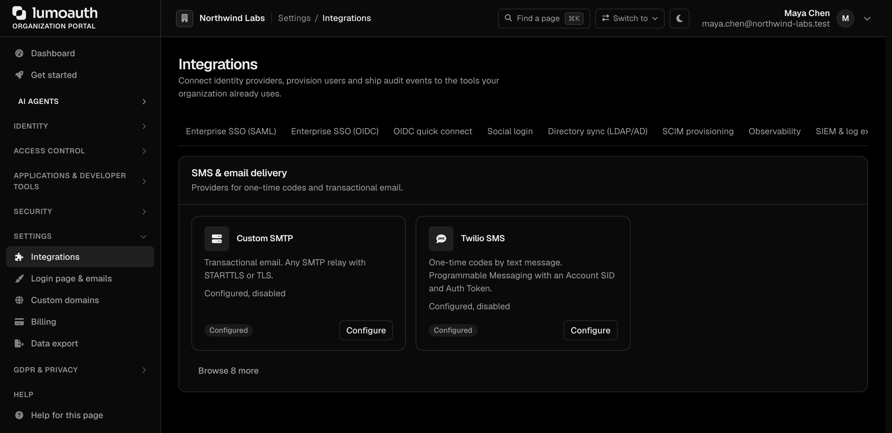 The SMS &amp; email delivery section of the Integrations page with one card per provider