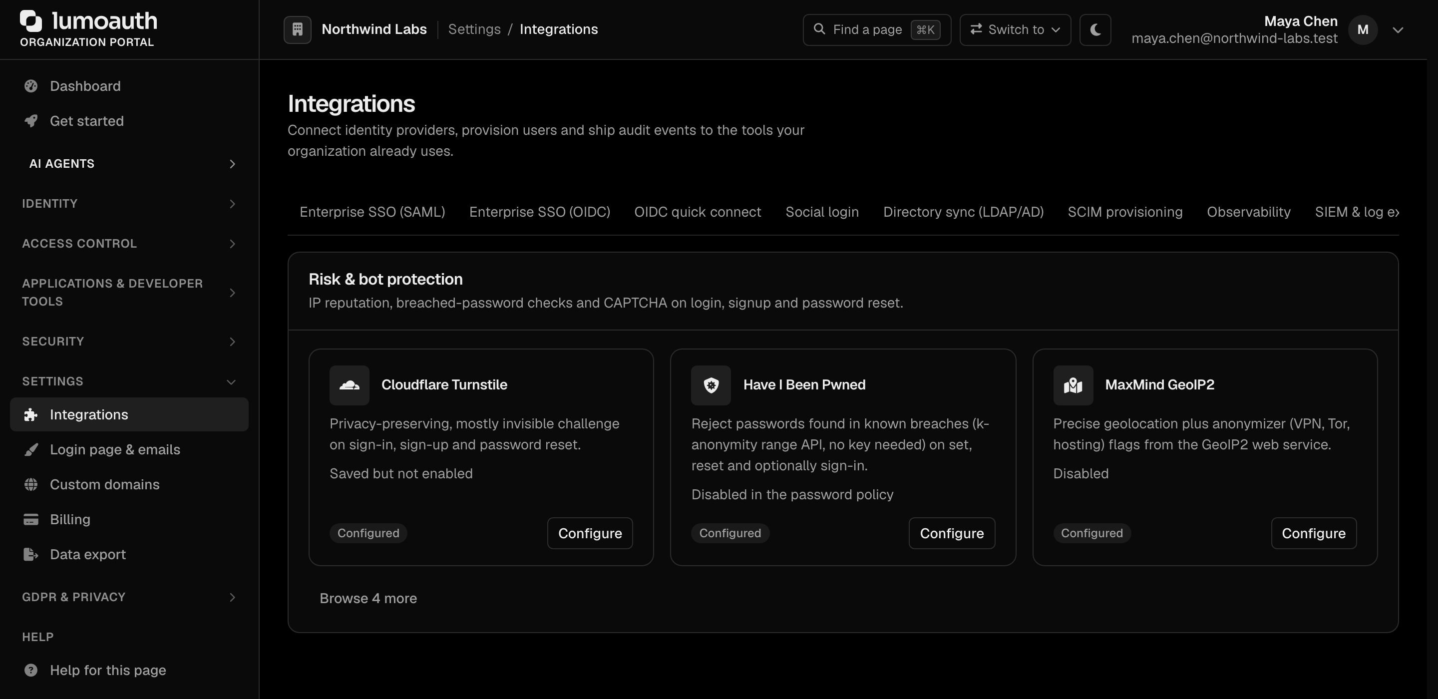 The Risk &amp; bot protection section of the Integrations page with the IP intelligence, Have I Been Pwned and CAPTCHA provider cards