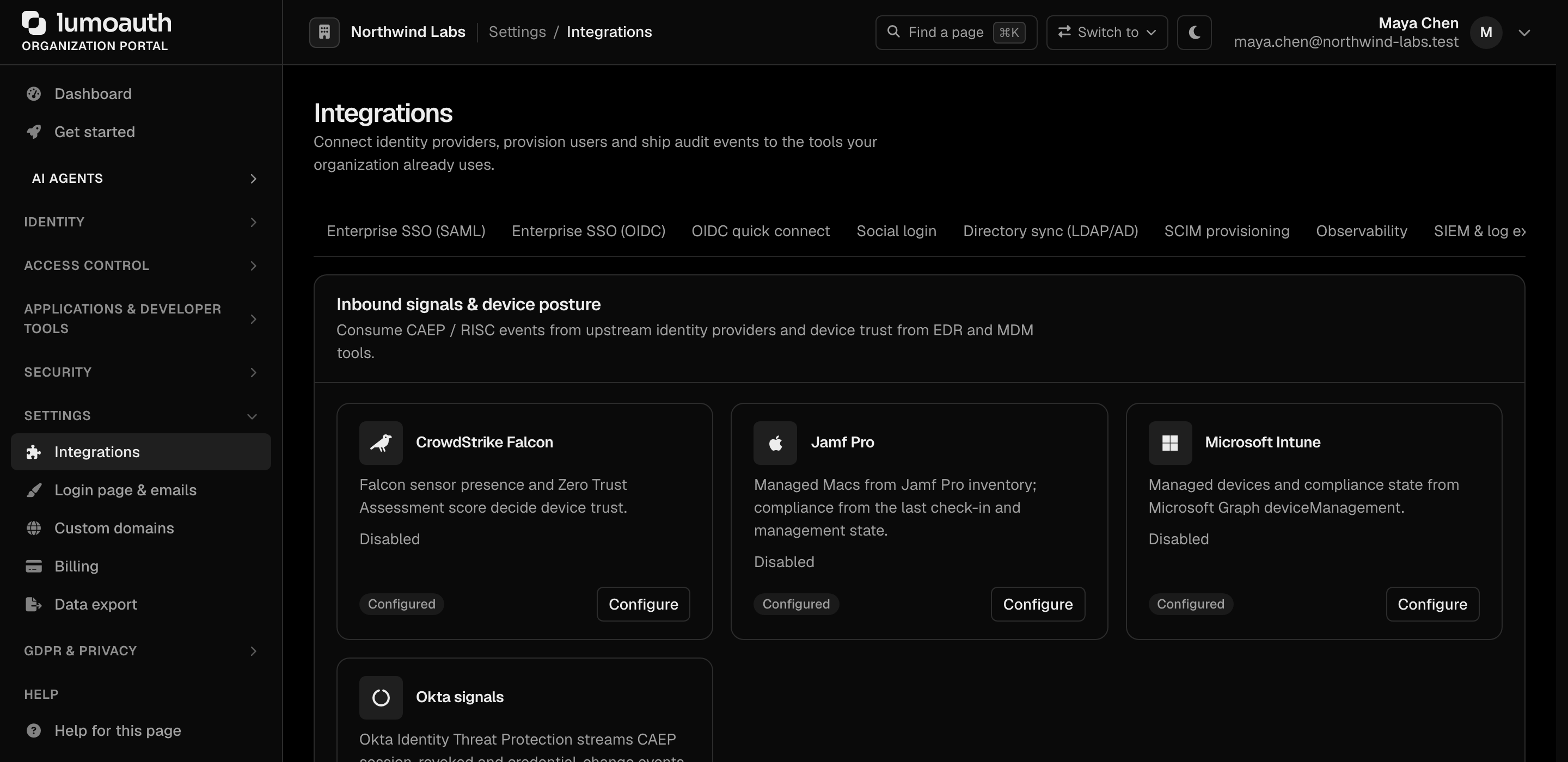 The Inbound signals &amp; device posture section of the Integrations page