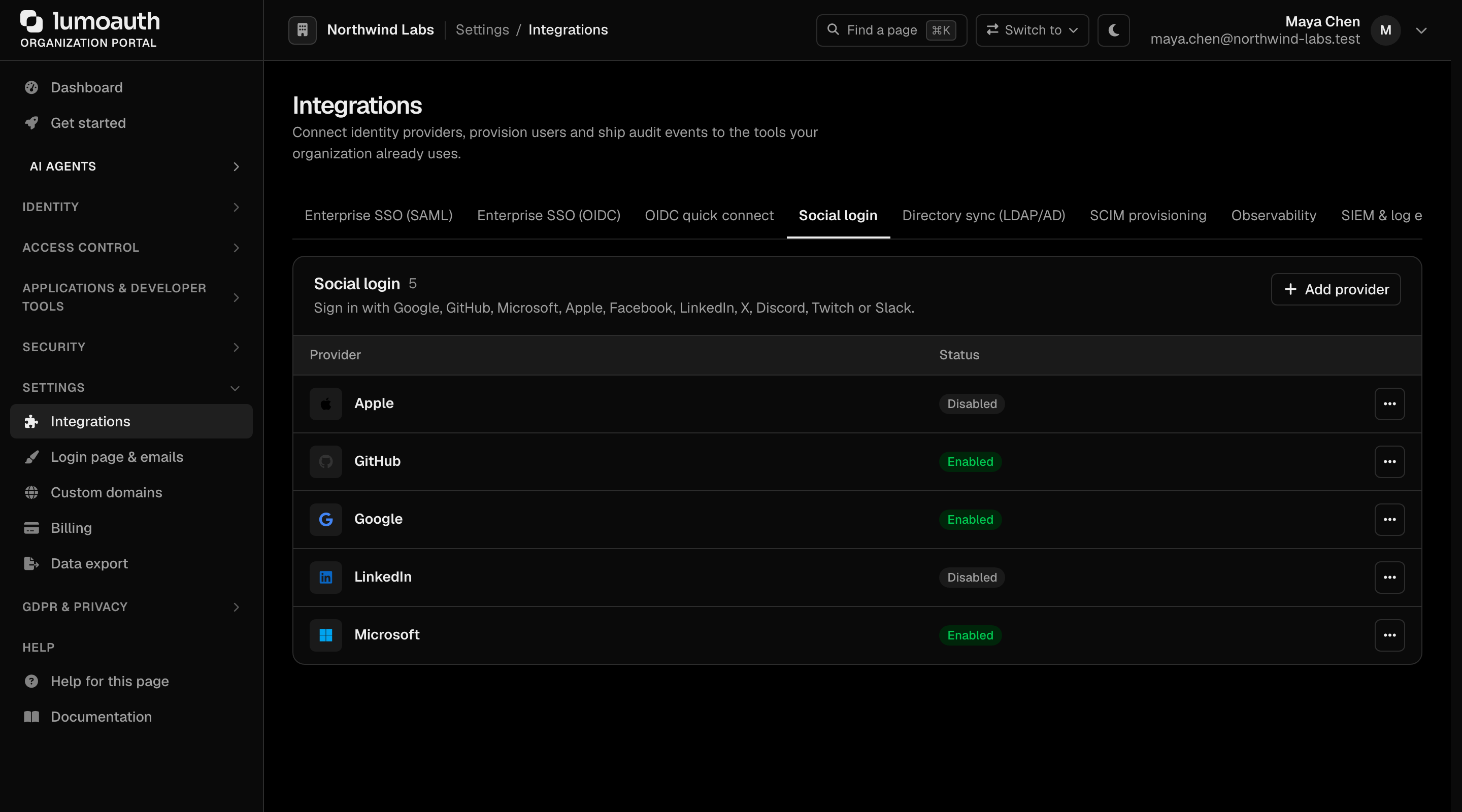 The Social login tab of the Integrations page with the Add provider button