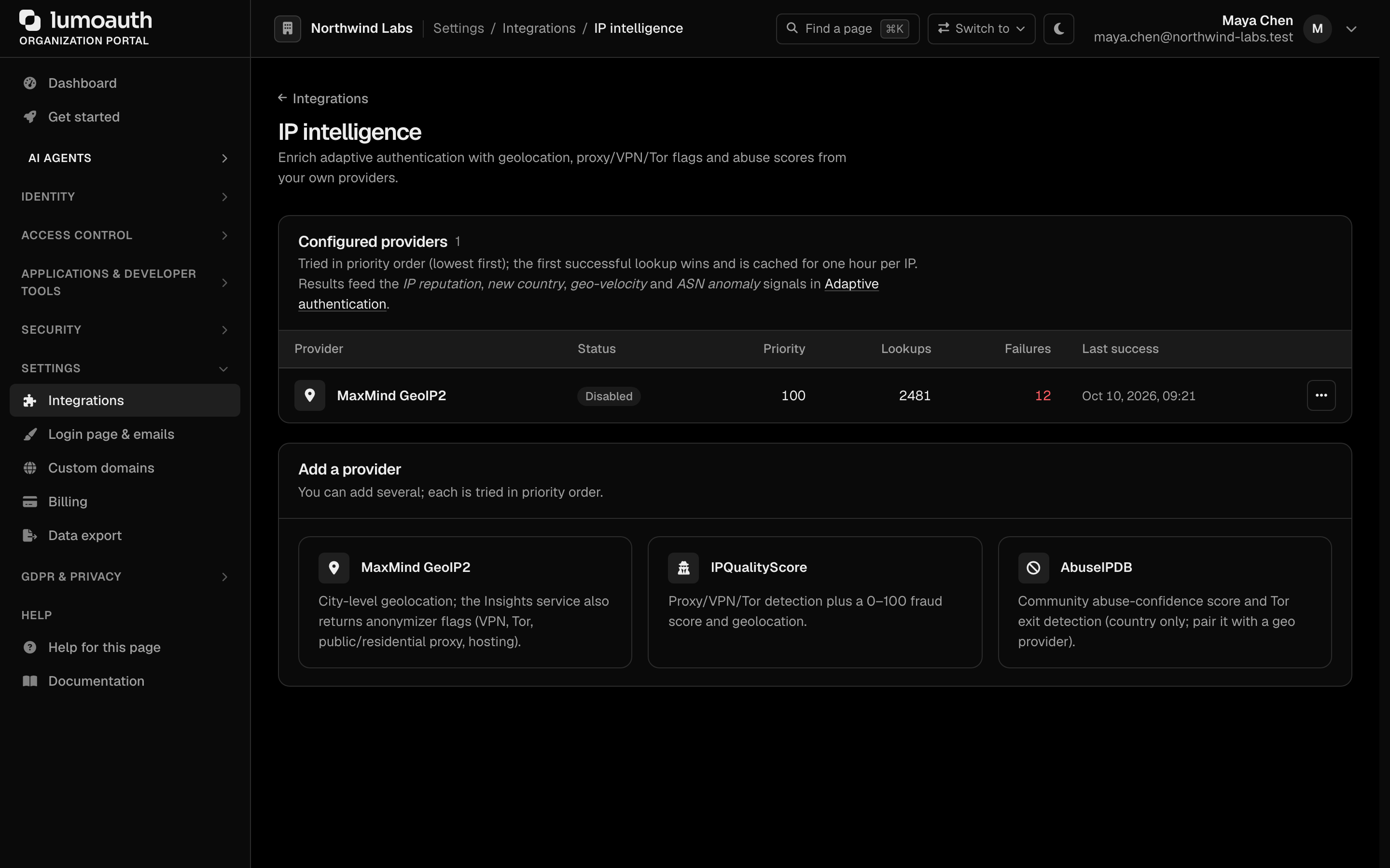 The IP intelligence page with the configured providers list and the Add a provider cards