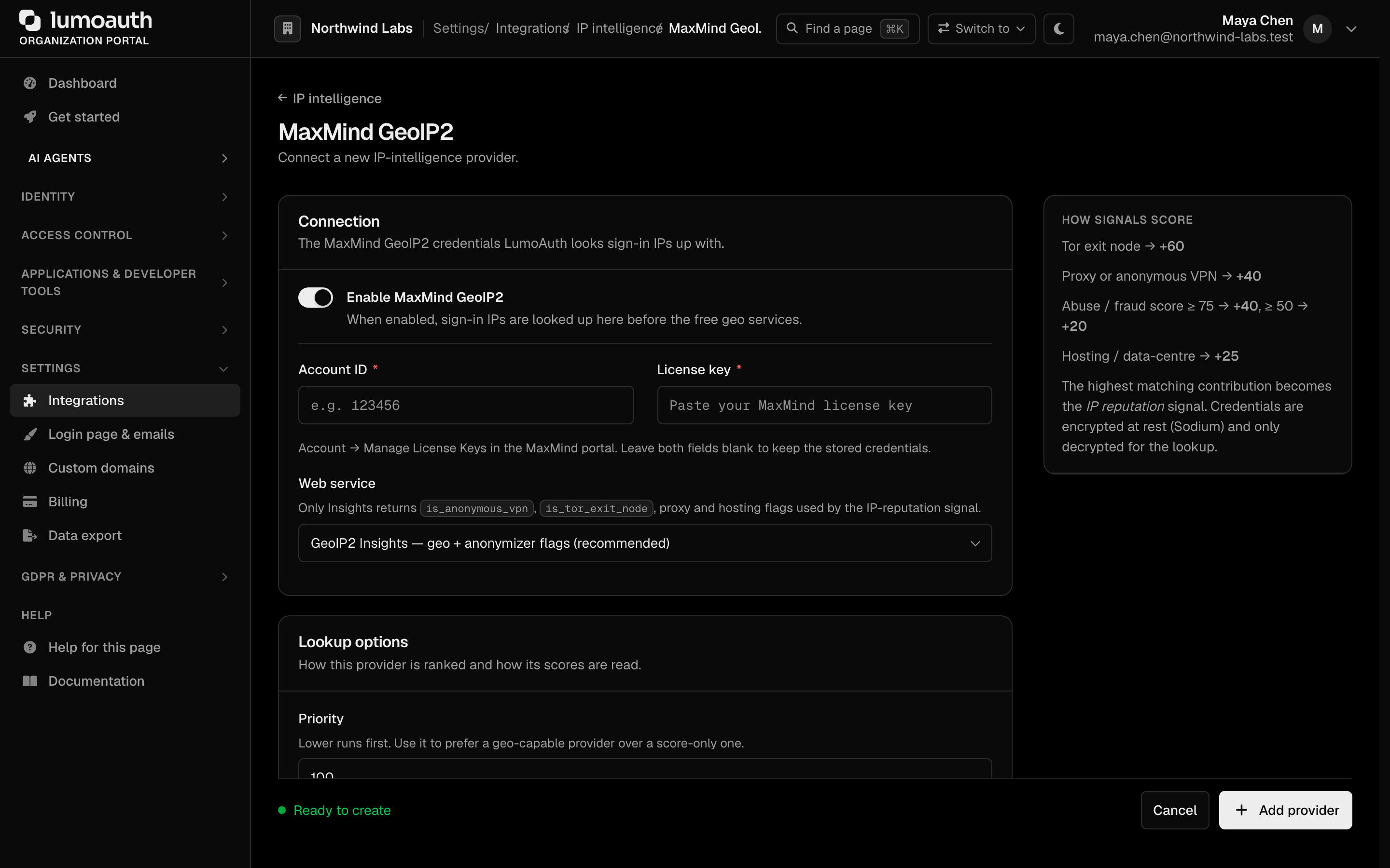 The MaxMind GeoIP2 provider form with the enable switch, account ID, license key and web service