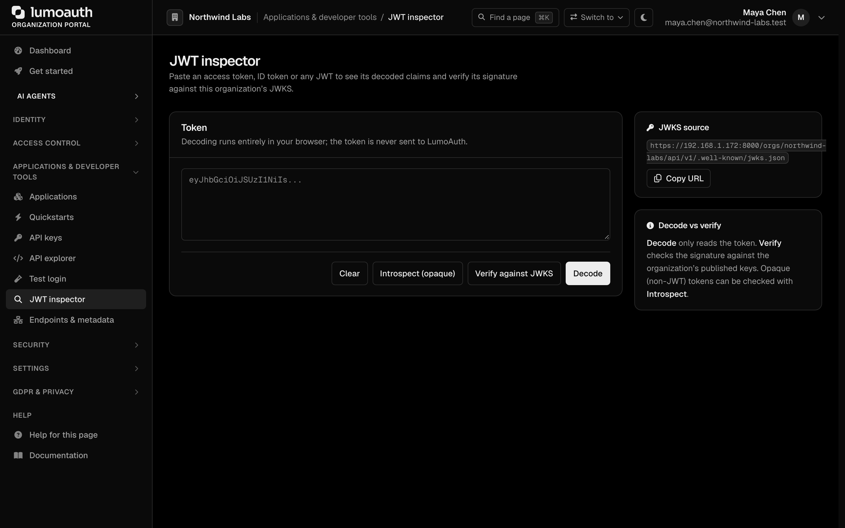 The JWT inspector with the token box, the Decode, Verify against JWKS and Introspect buttons and the JWKS source