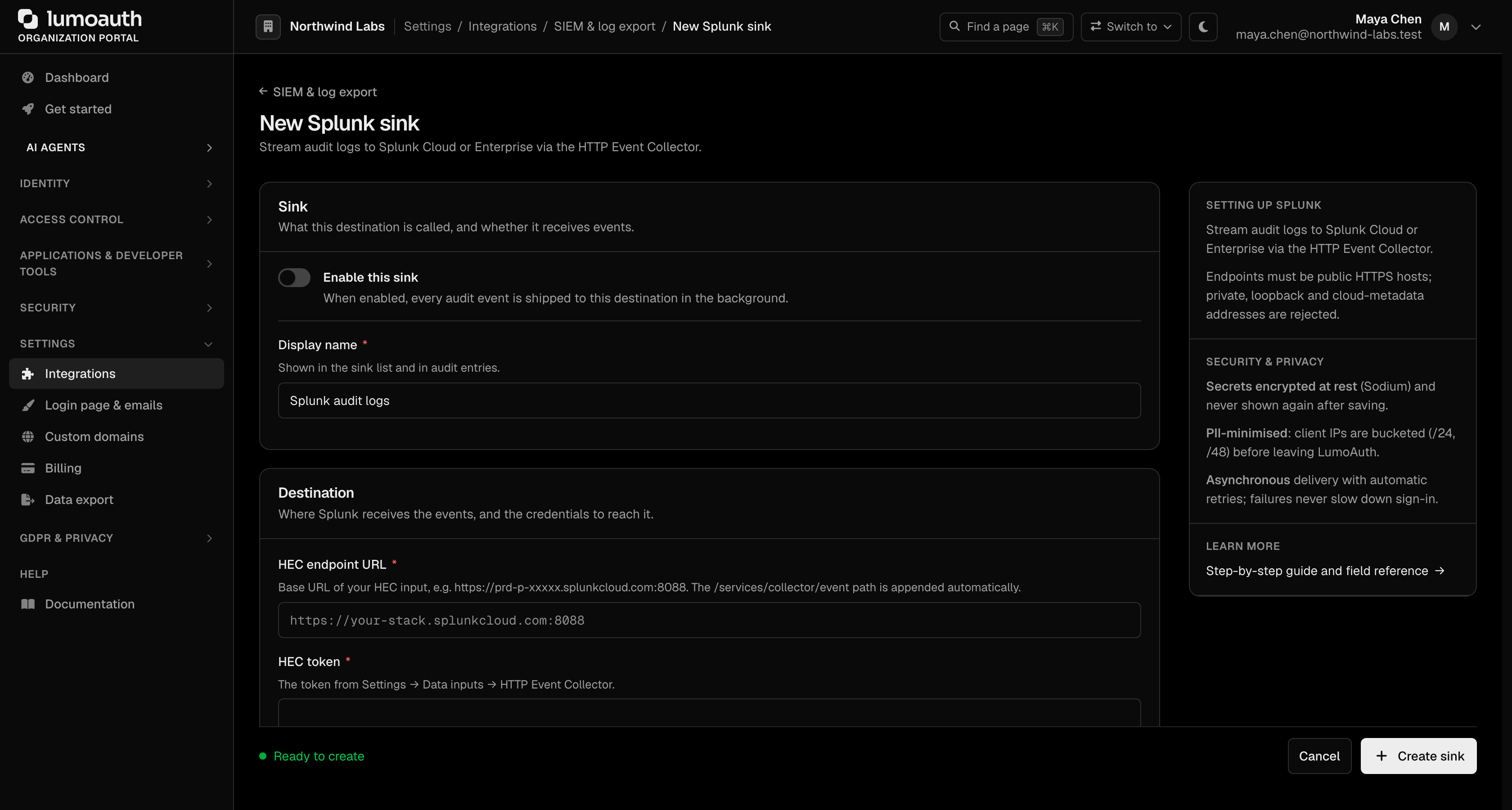 The New Splunk sink form with the Enable this sink switch, display name and destination fields