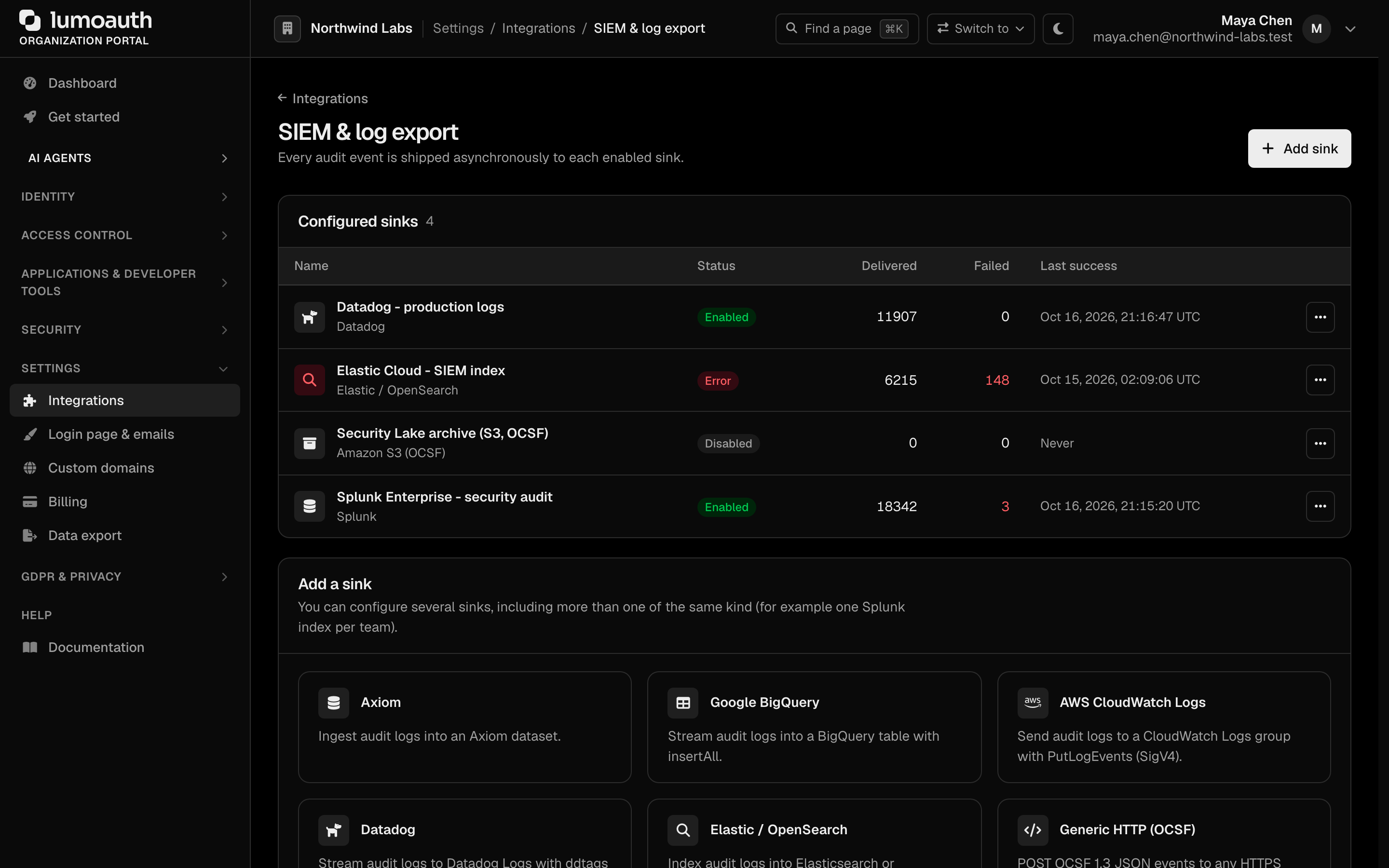 The SIEM &amp; log export page with the configured sinks list and the Add a sink destinations
