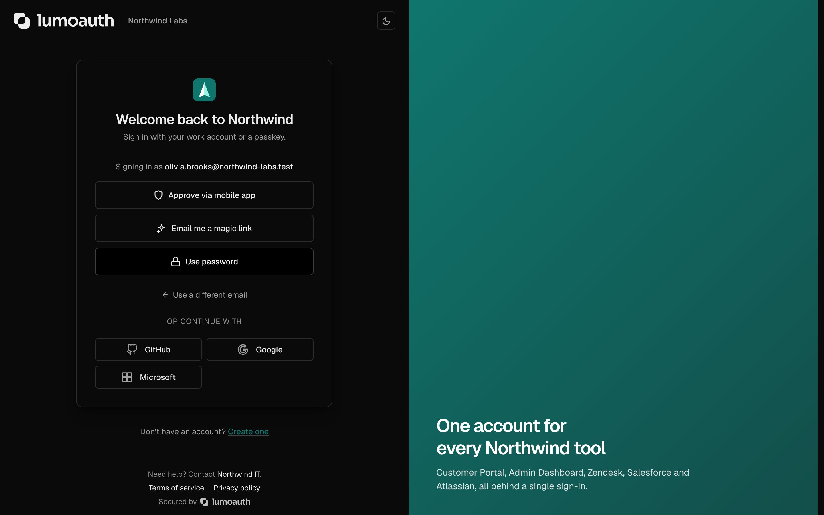 The sign-in method choice shown after the email address, with Use password and social sign-in buttons
