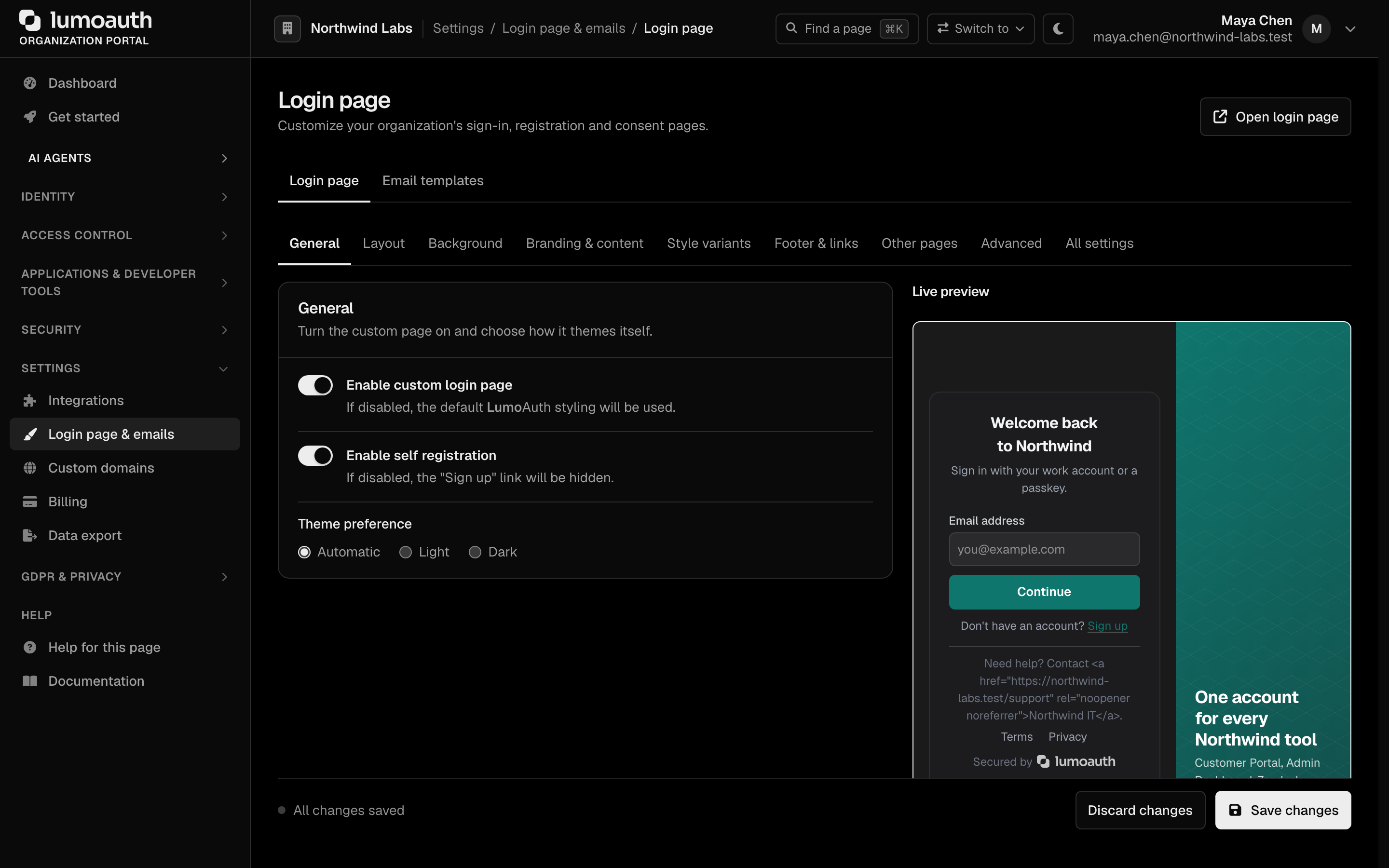The Login page settings with the General section and the live preview