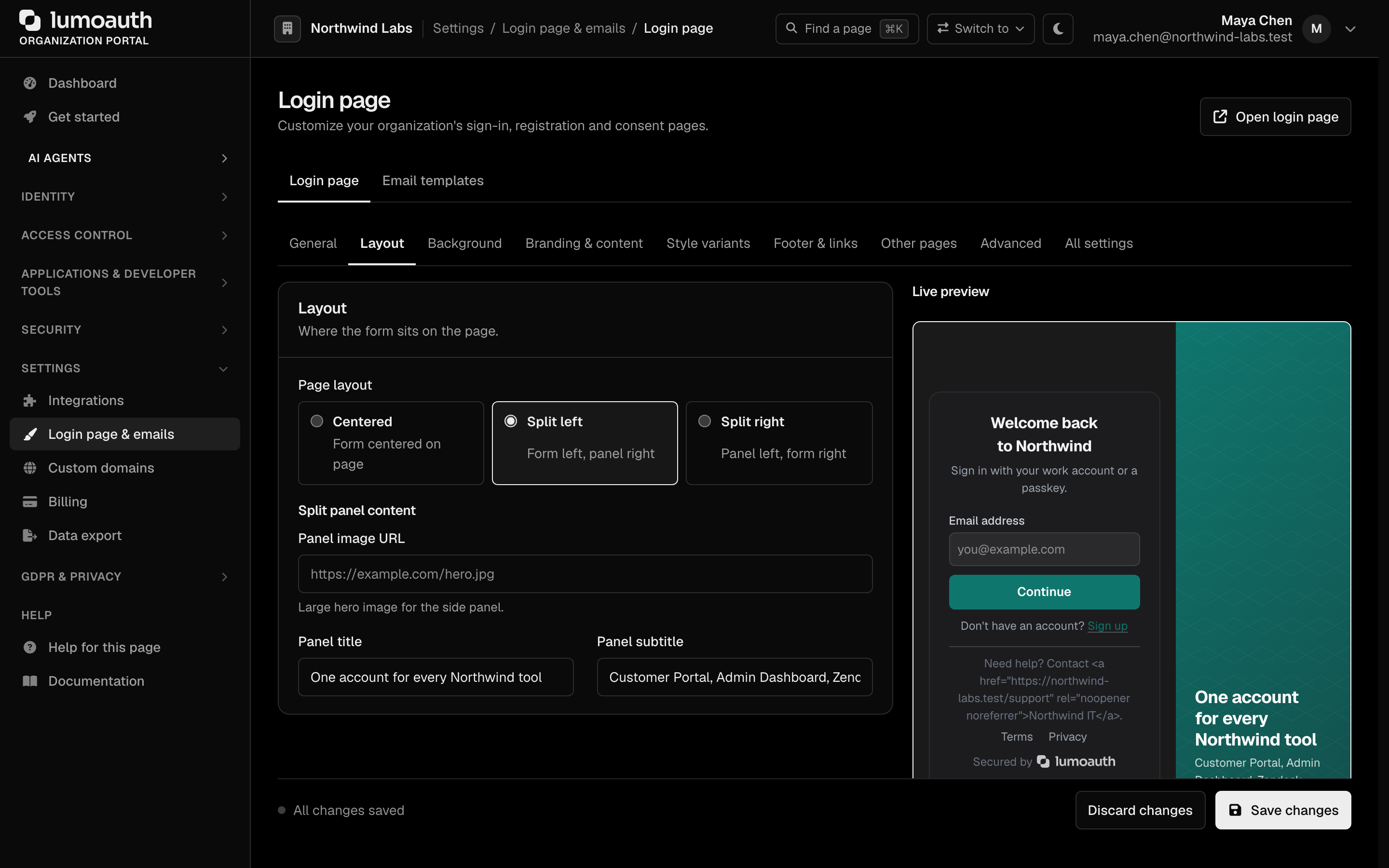 The Layout and Background sections of the Login page settings