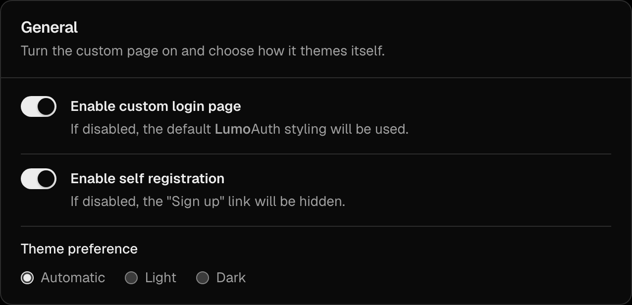 The General section of the Login page settings with the Enable self registration toggle