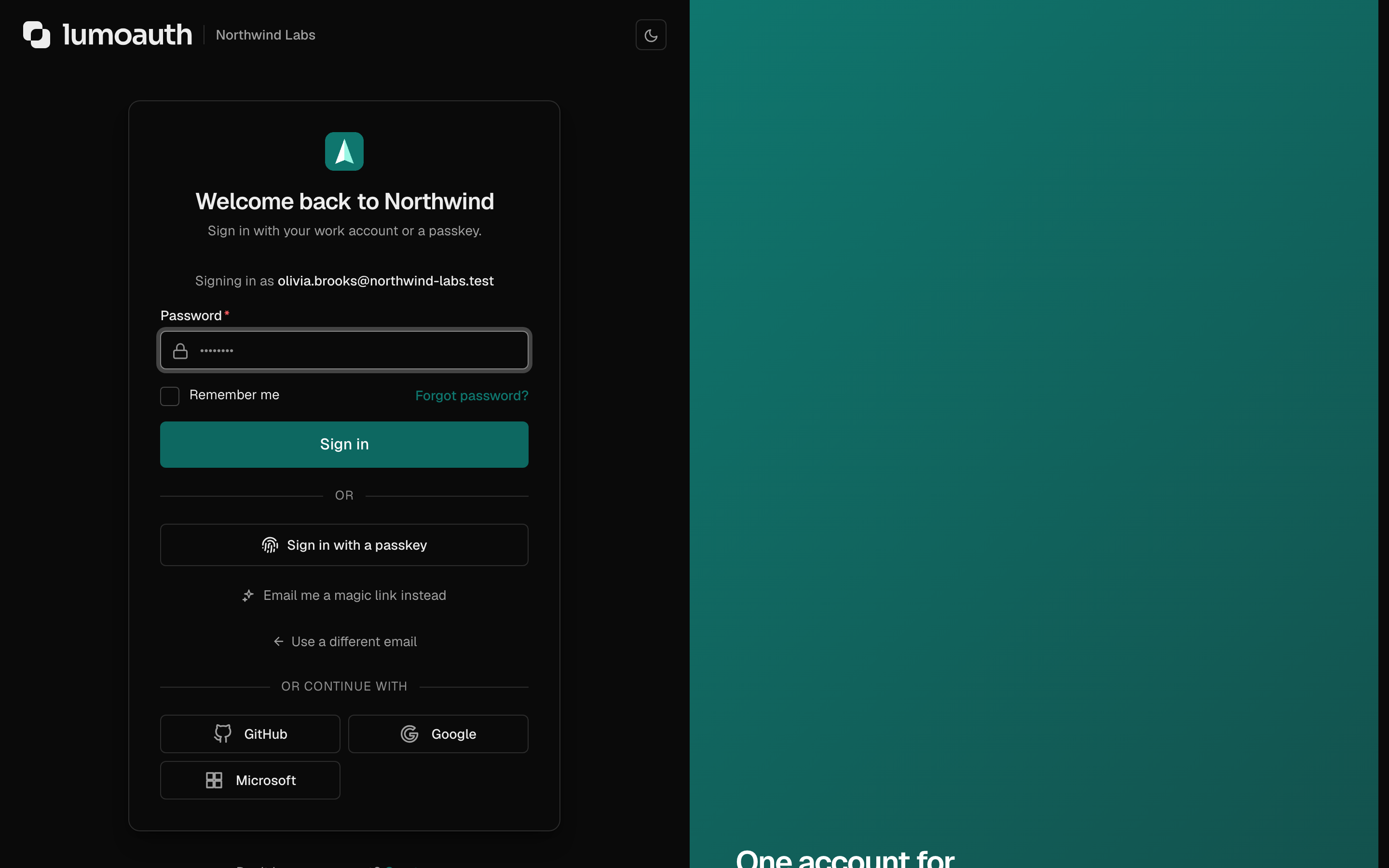 The password step of the login page, with Remember me and Forgot password