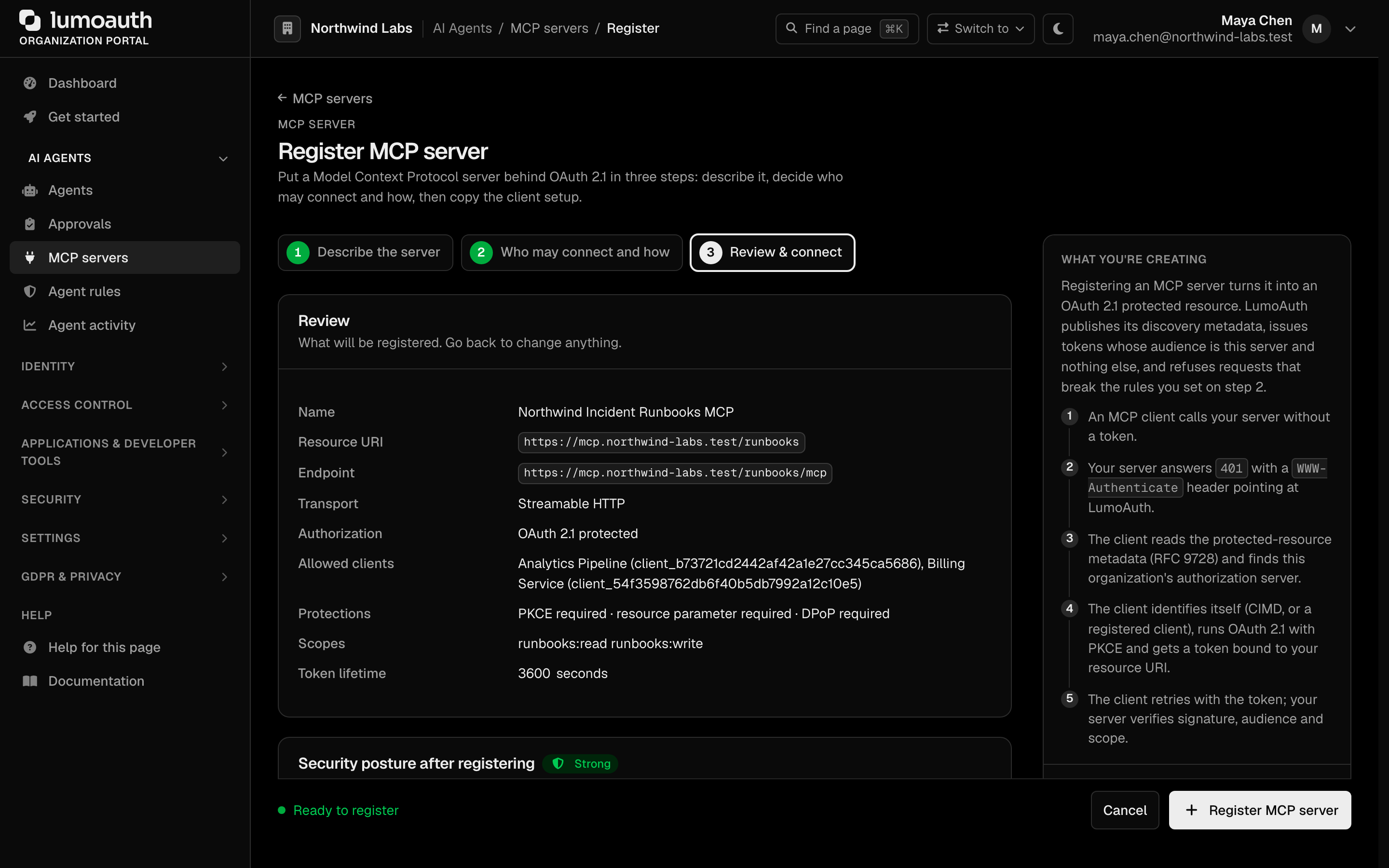 Step 3 of the wizard, Review &amp; connect, with the summary of what will be registered and the Register MCP server button
