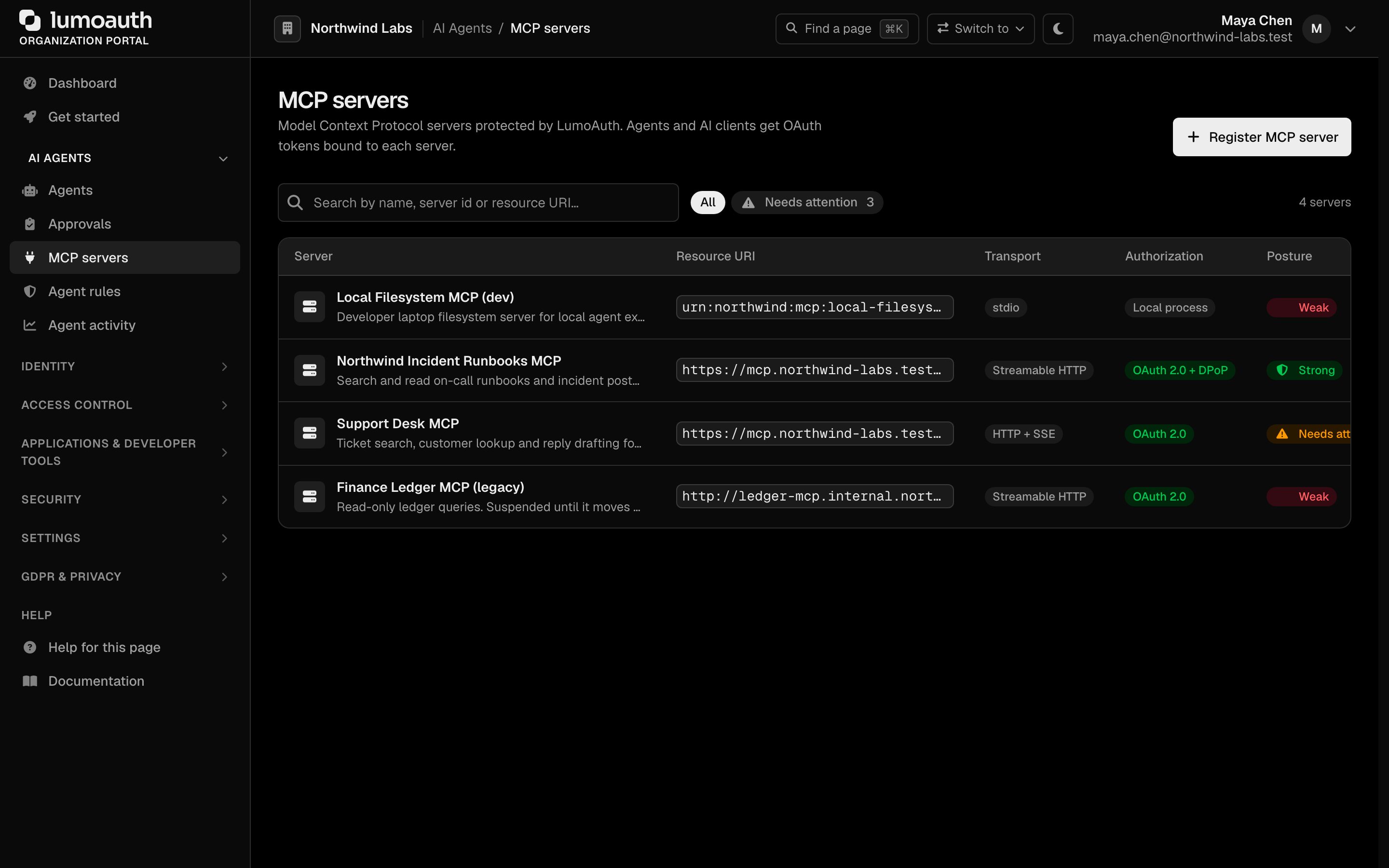 The MCP servers page in the portal, with the Register MCP server button and three registered servers