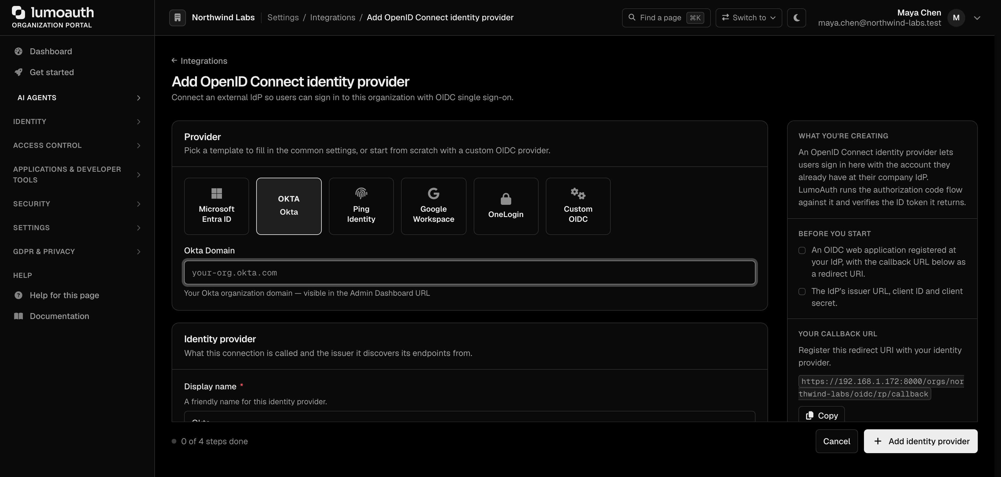 The Add OpenID Connect identity provider form with the Okta template selected