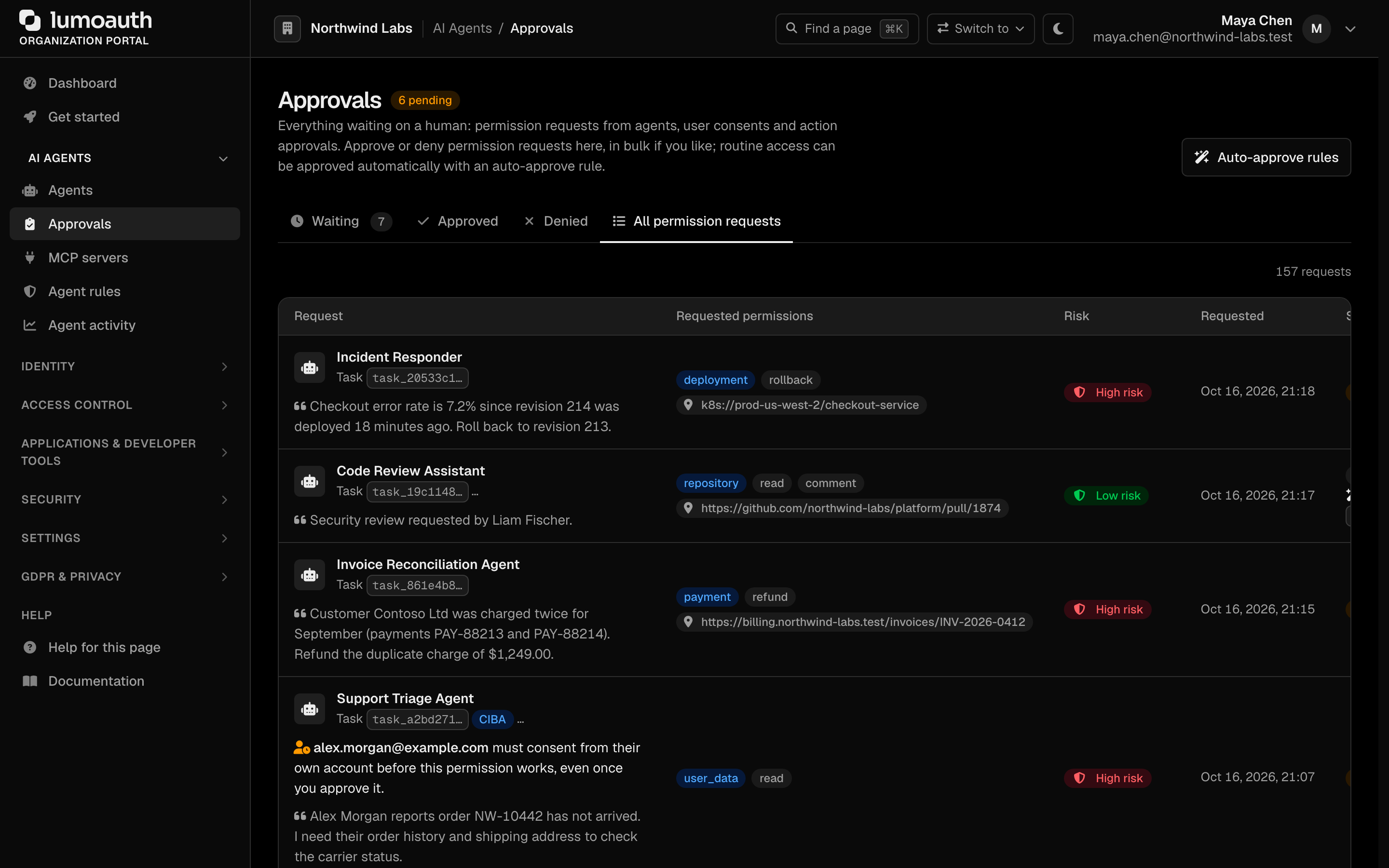 The Approvals page where reviewers approve or deny permission requests