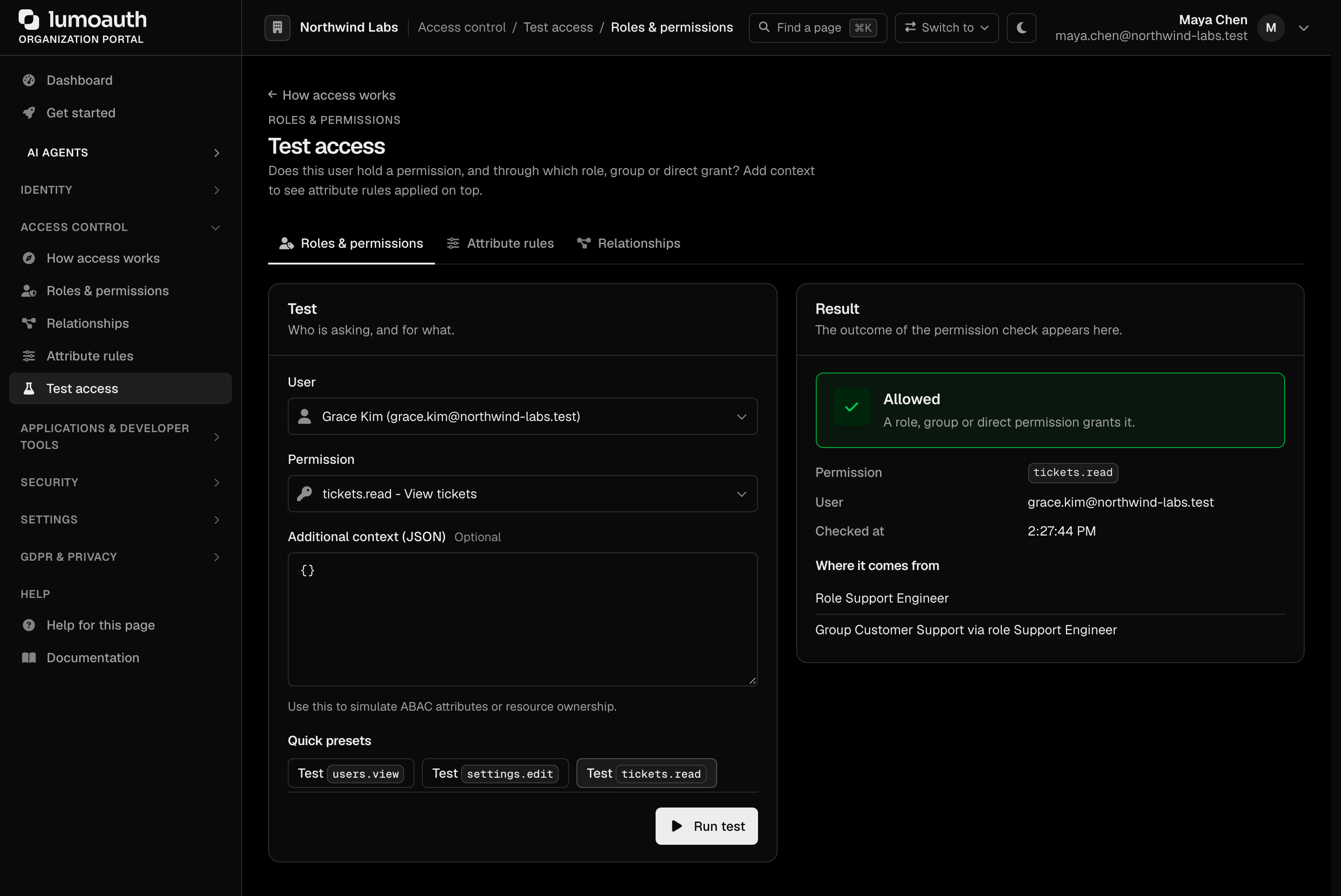 Test access with its Roles &amp; permissions, Attribute rules and Relationships modes