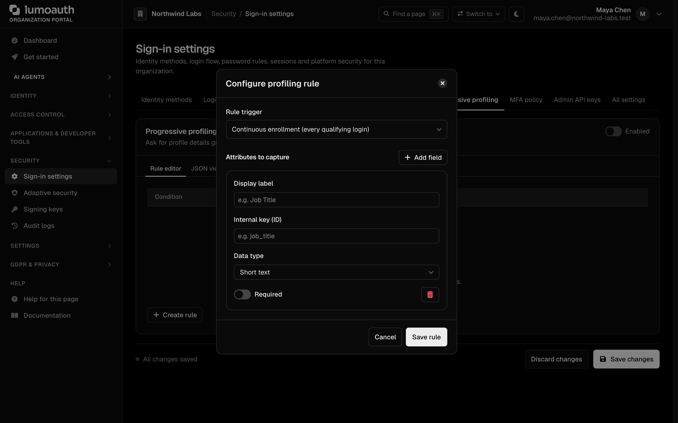 The Configure profiling rule dialog with the Rule trigger and the Attributes to capture