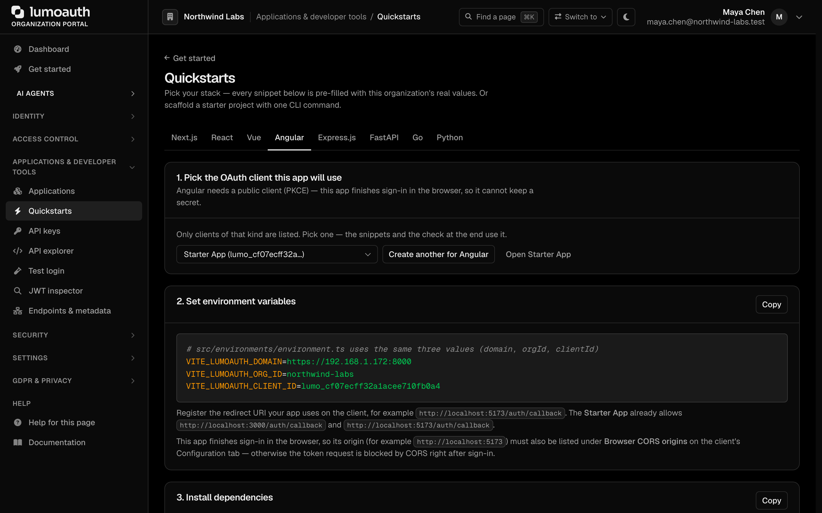The Quickstarts page with the Angular tab selected, showing pre-filled environment variables