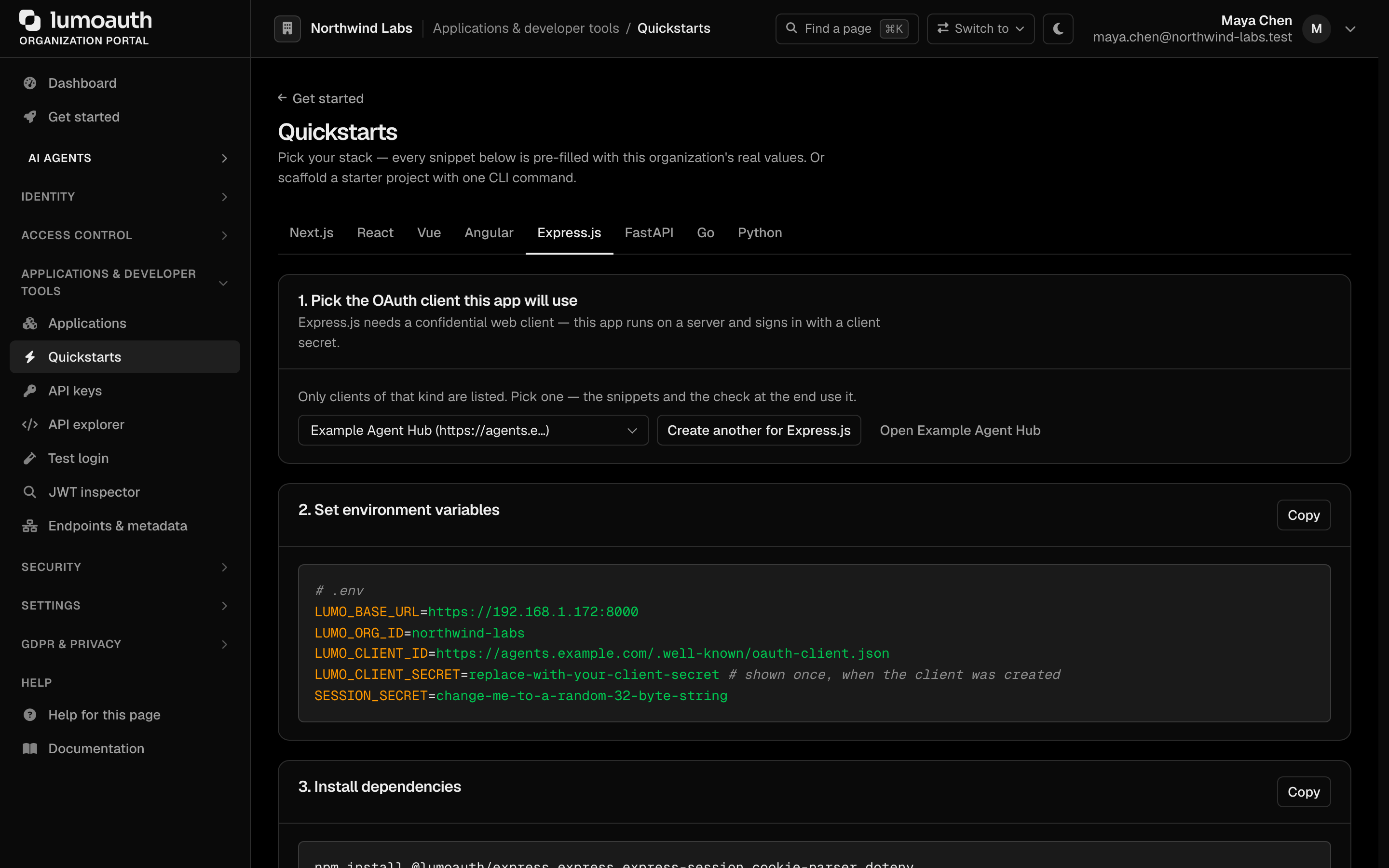 The Quickstarts page with the Express.js tab selected, showing pre-filled environment variables