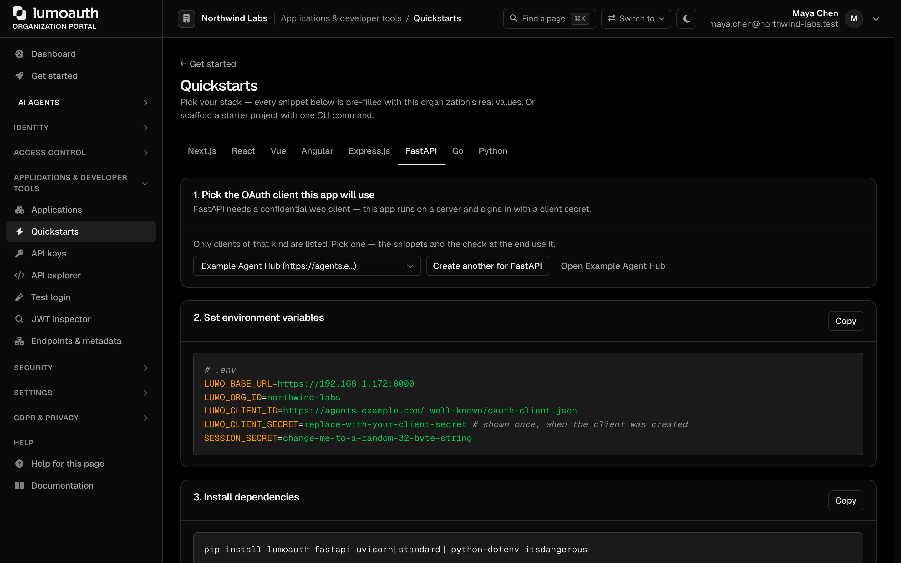 The Quickstarts page with the FastAPI tab selected, showing pre-filled environment variables