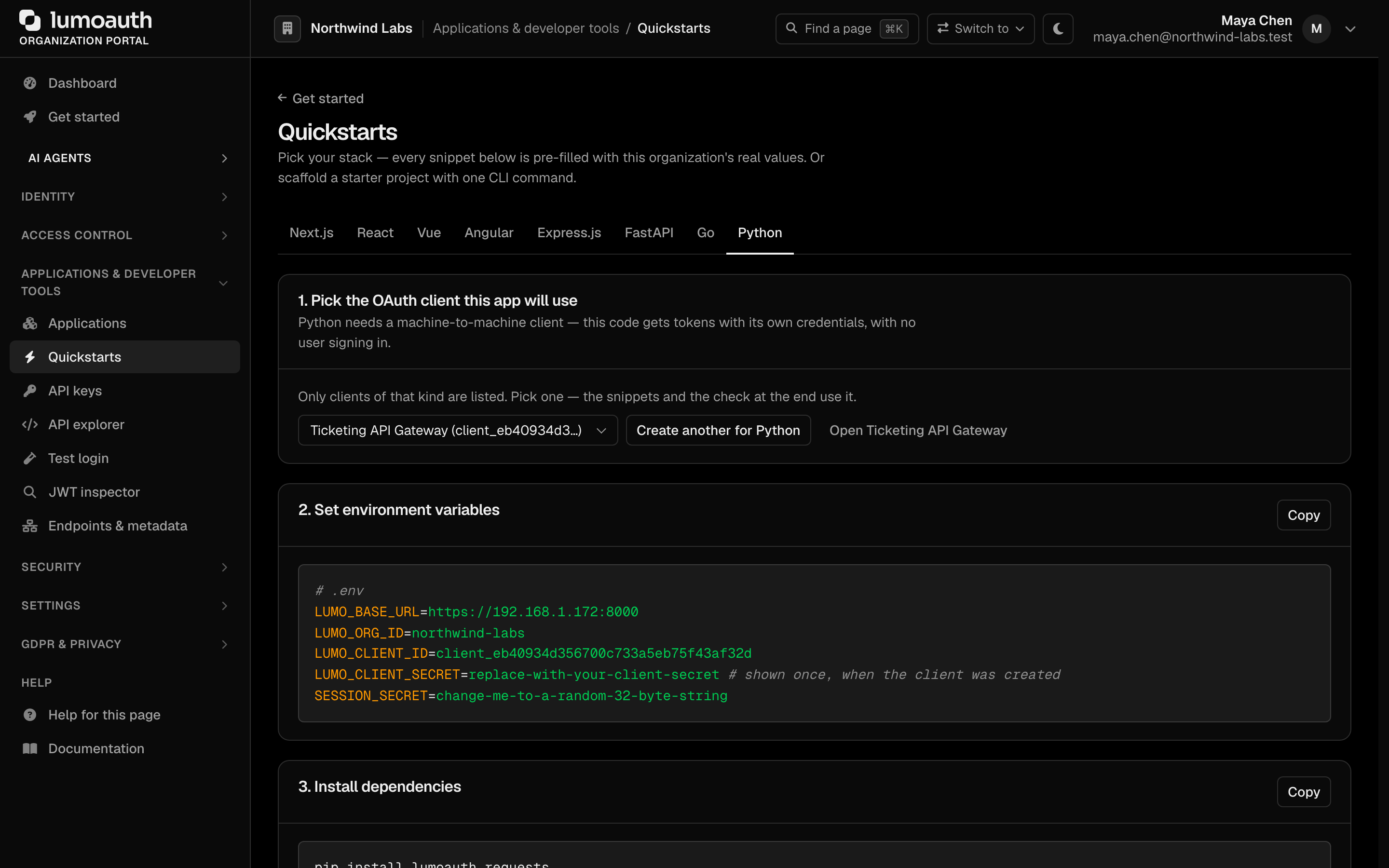 The Quickstarts page with the Python tab selected, showing pre-filled environment variables