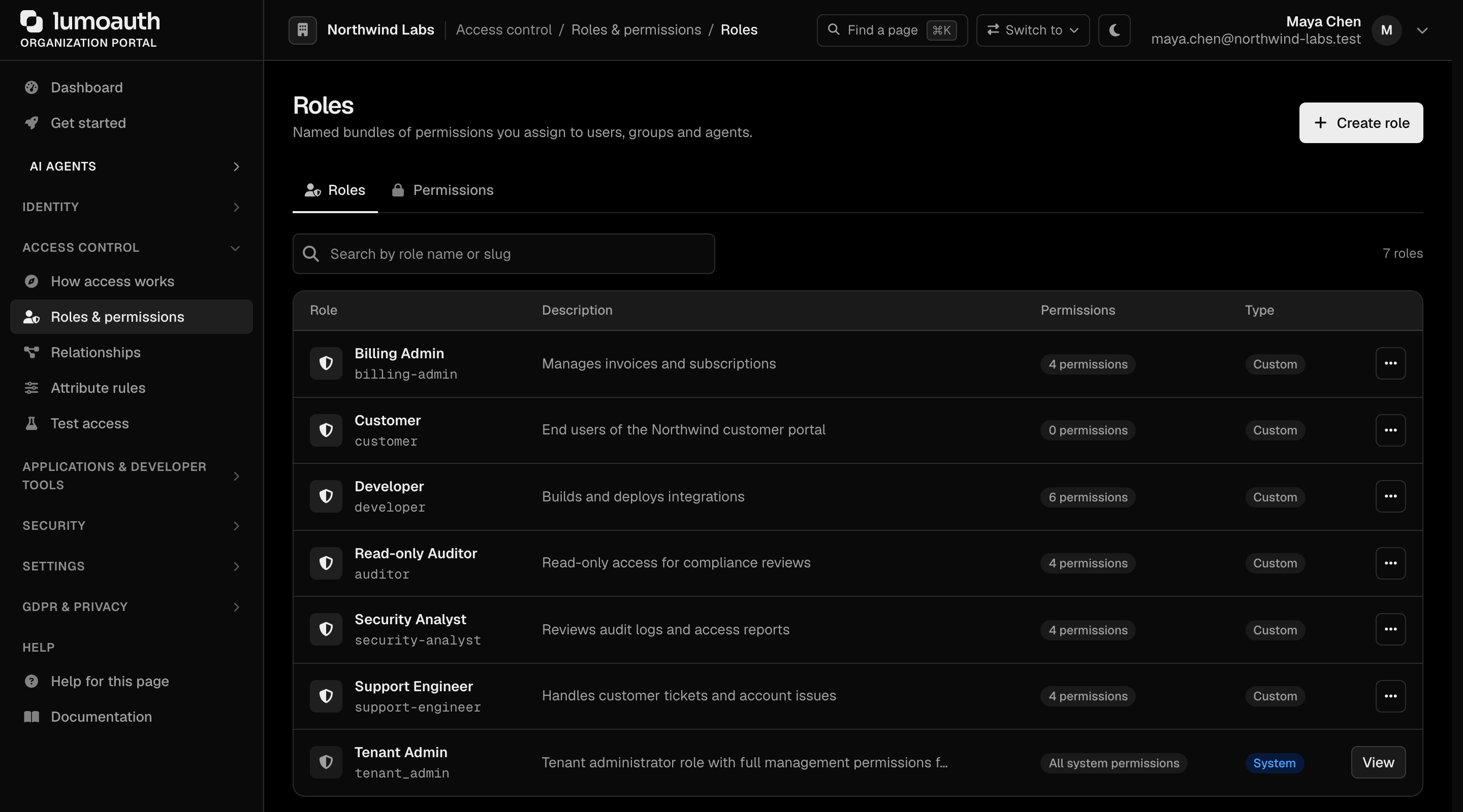 The Roles page with the Create role button