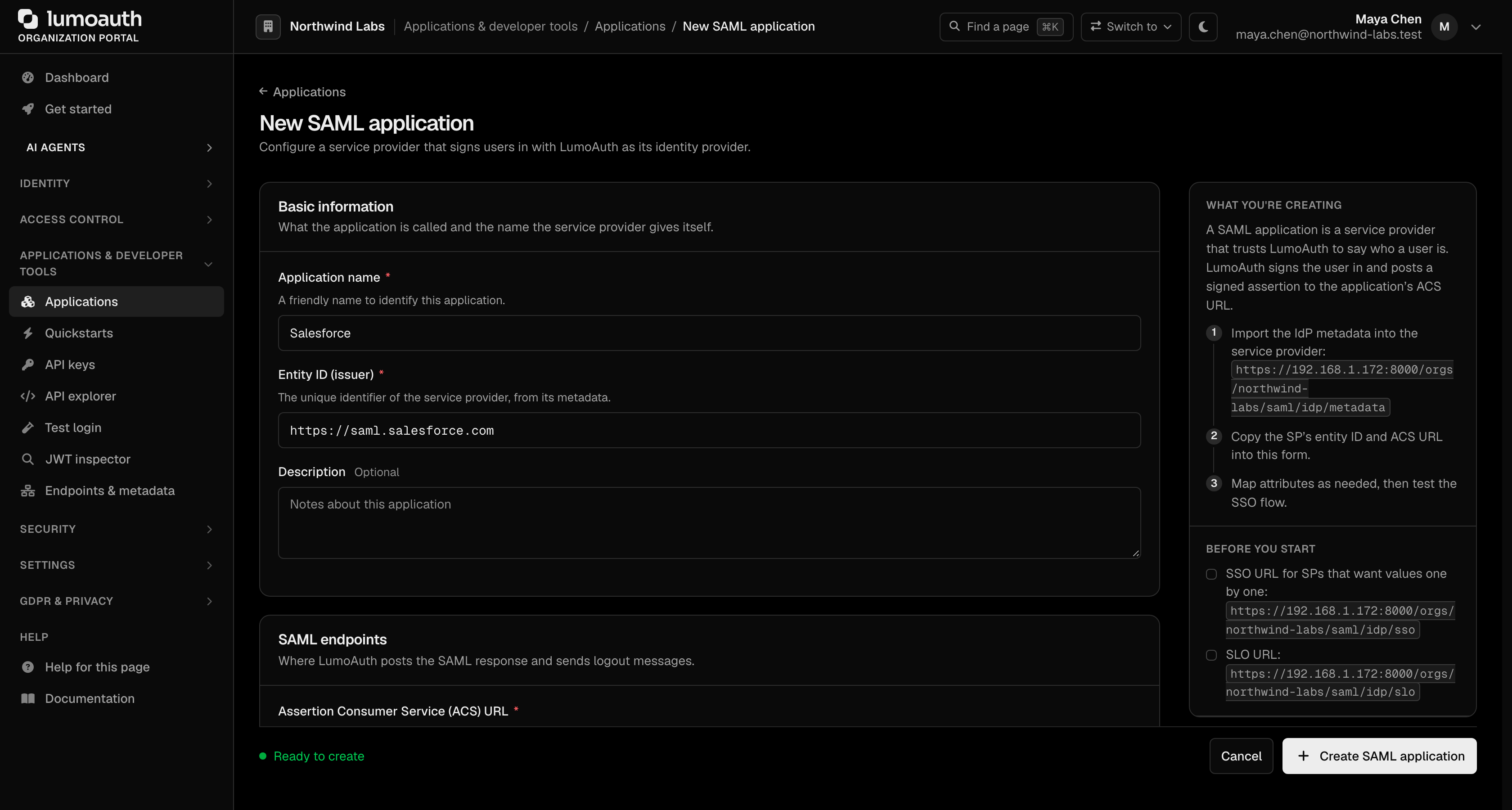 The New SAML application page with the application name and entity ID filled in