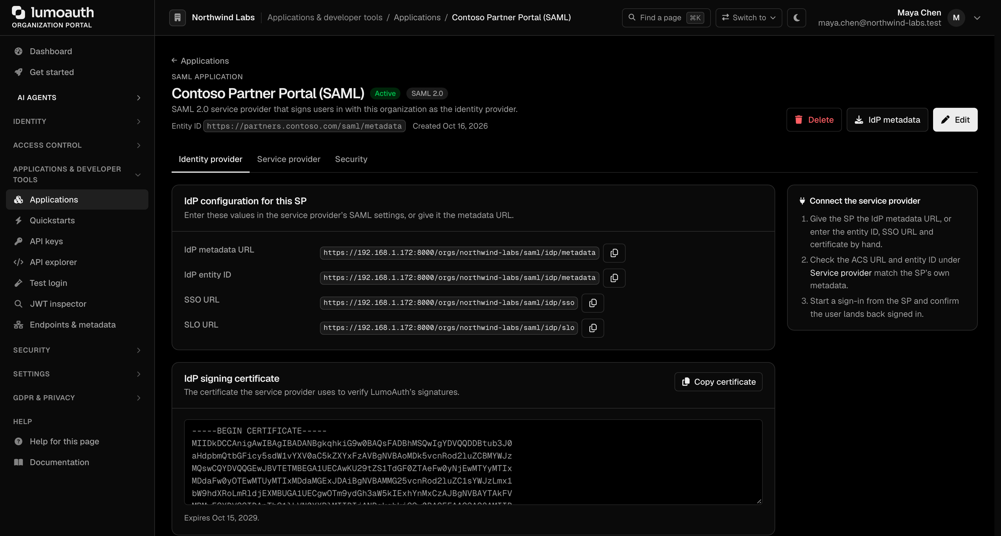 The Identity provider tab of a SAML application with the IdP metadata URL, entity ID, SSO URL and SLO URL