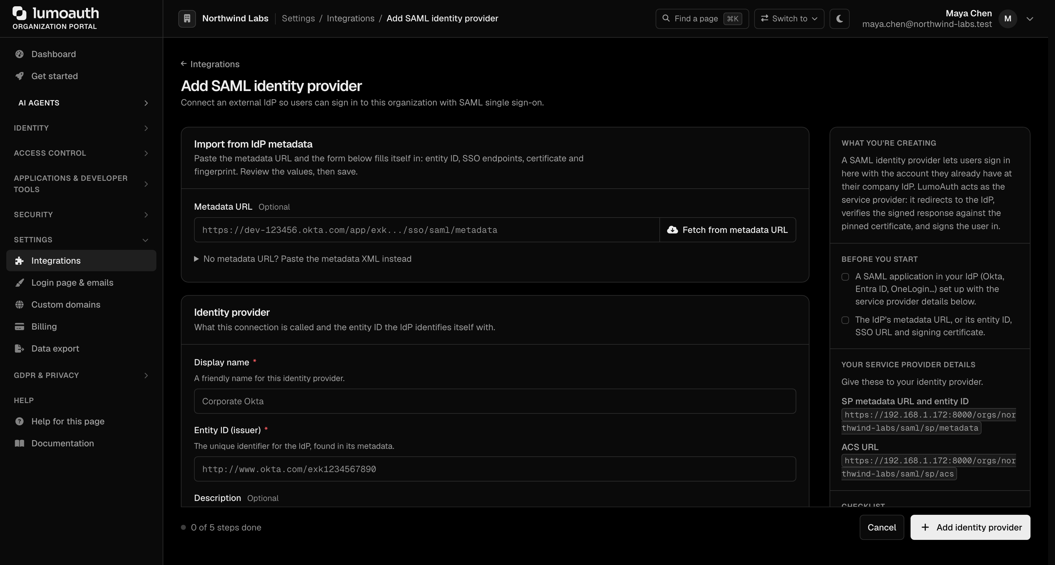 The Add SAML identity provider page with the Import from IdP metadata section