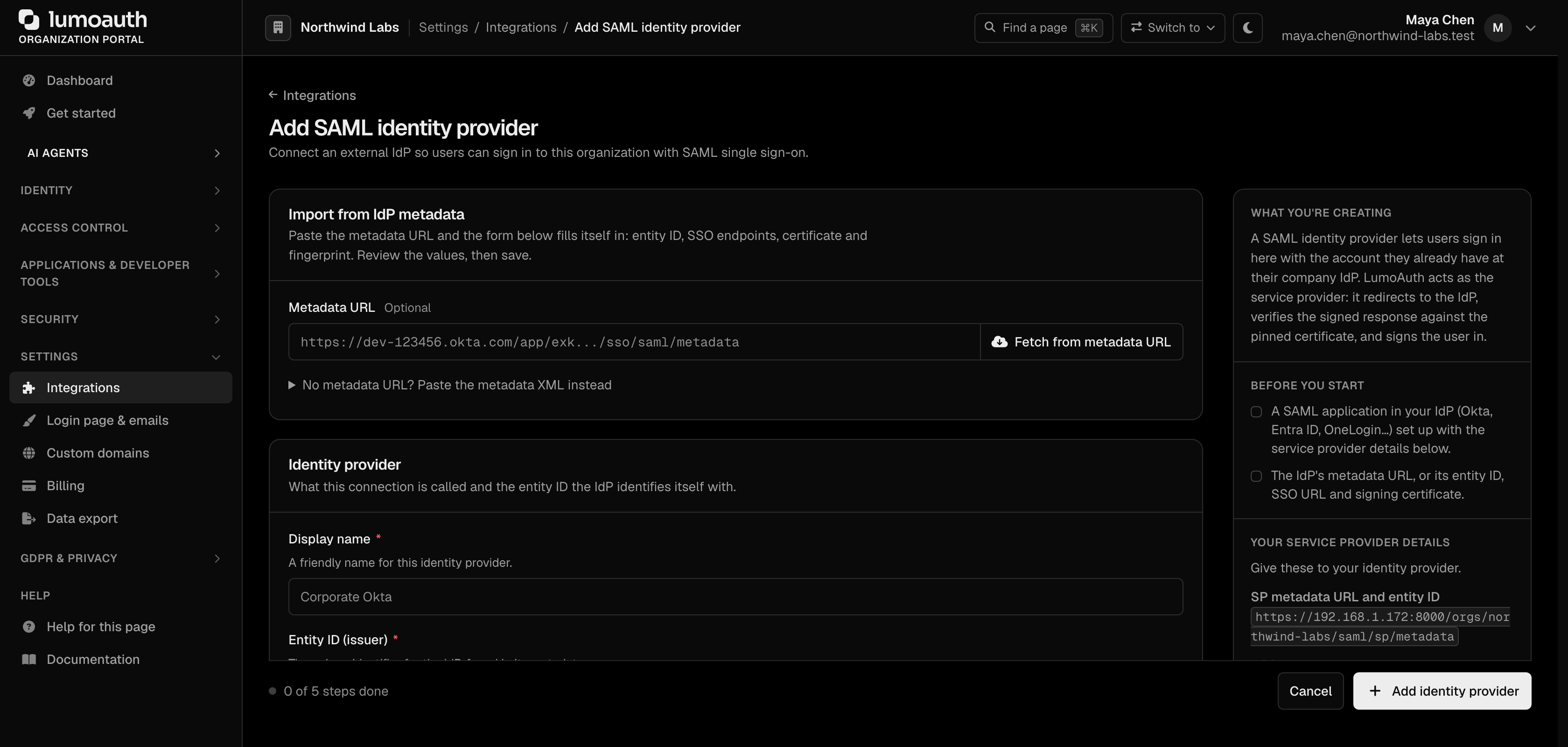 The Add SAML identity provider form with the metadata import field