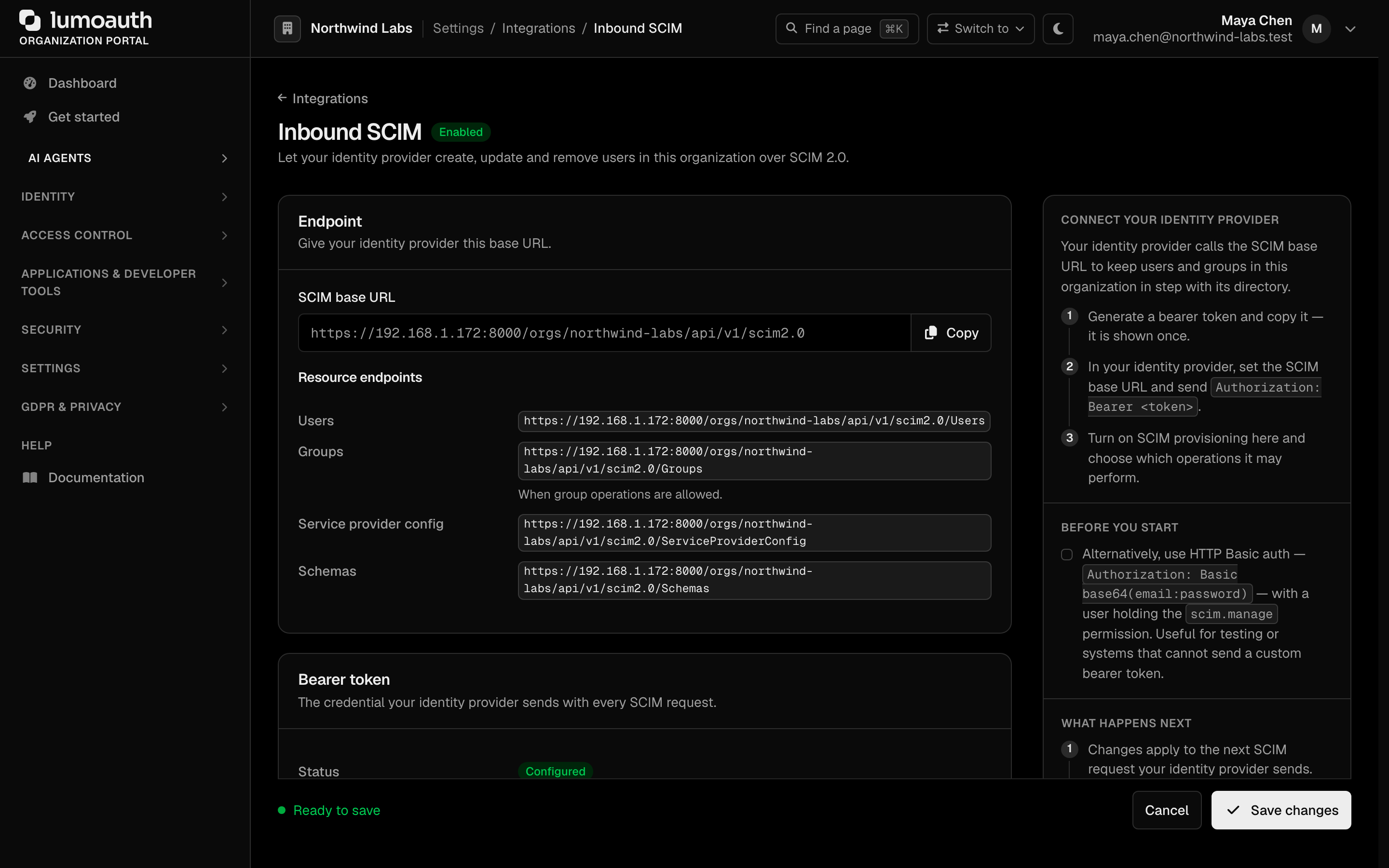 The Inbound SCIM page with the SCIM base URL and resource endpoints